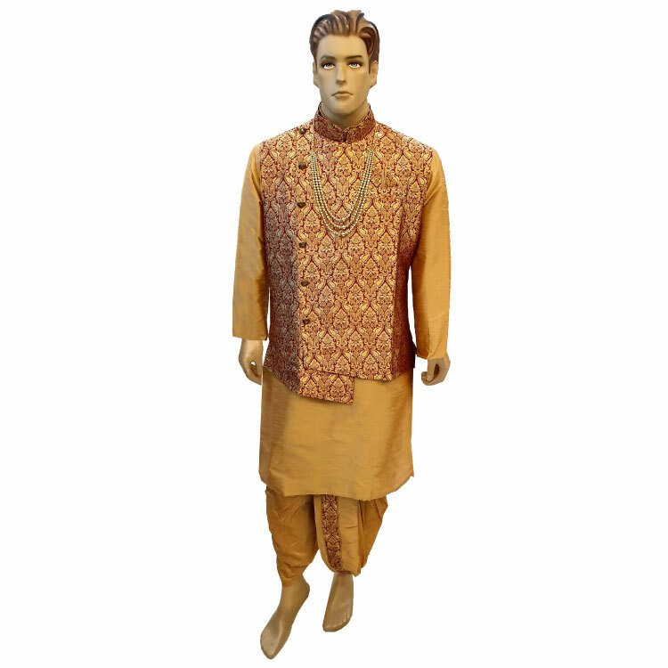 Men Beige and Maroon Dupion Silk jacquard 3 Piece Kurta Waistcoat DMJ138