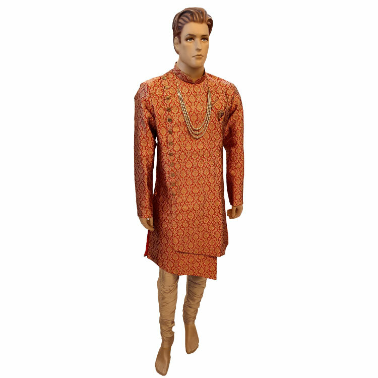 Men Maroon Asymmetric Jacquard Silk Kurta Set DMJ138