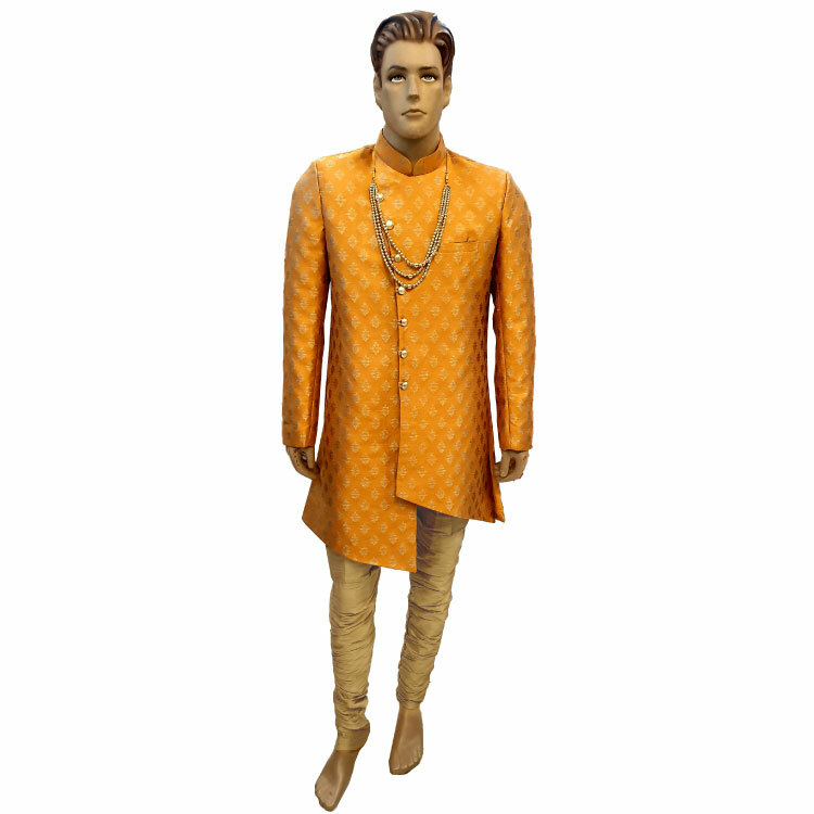 Men orange Asymmetric Jacquard Silk Kurta Set DMJ147