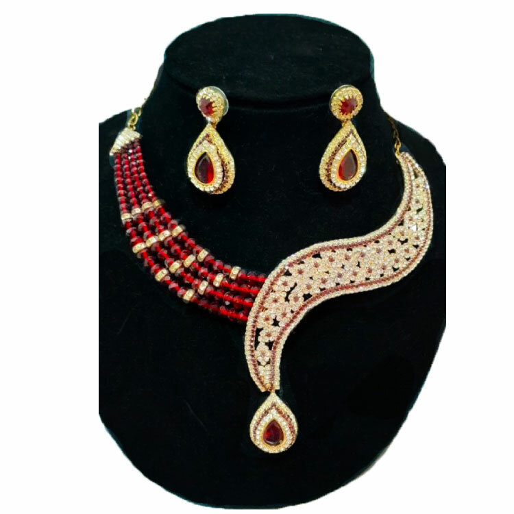 Women Red Stone Gorgeous Antique Gold Look Alike Necklace and Earring Set JS032