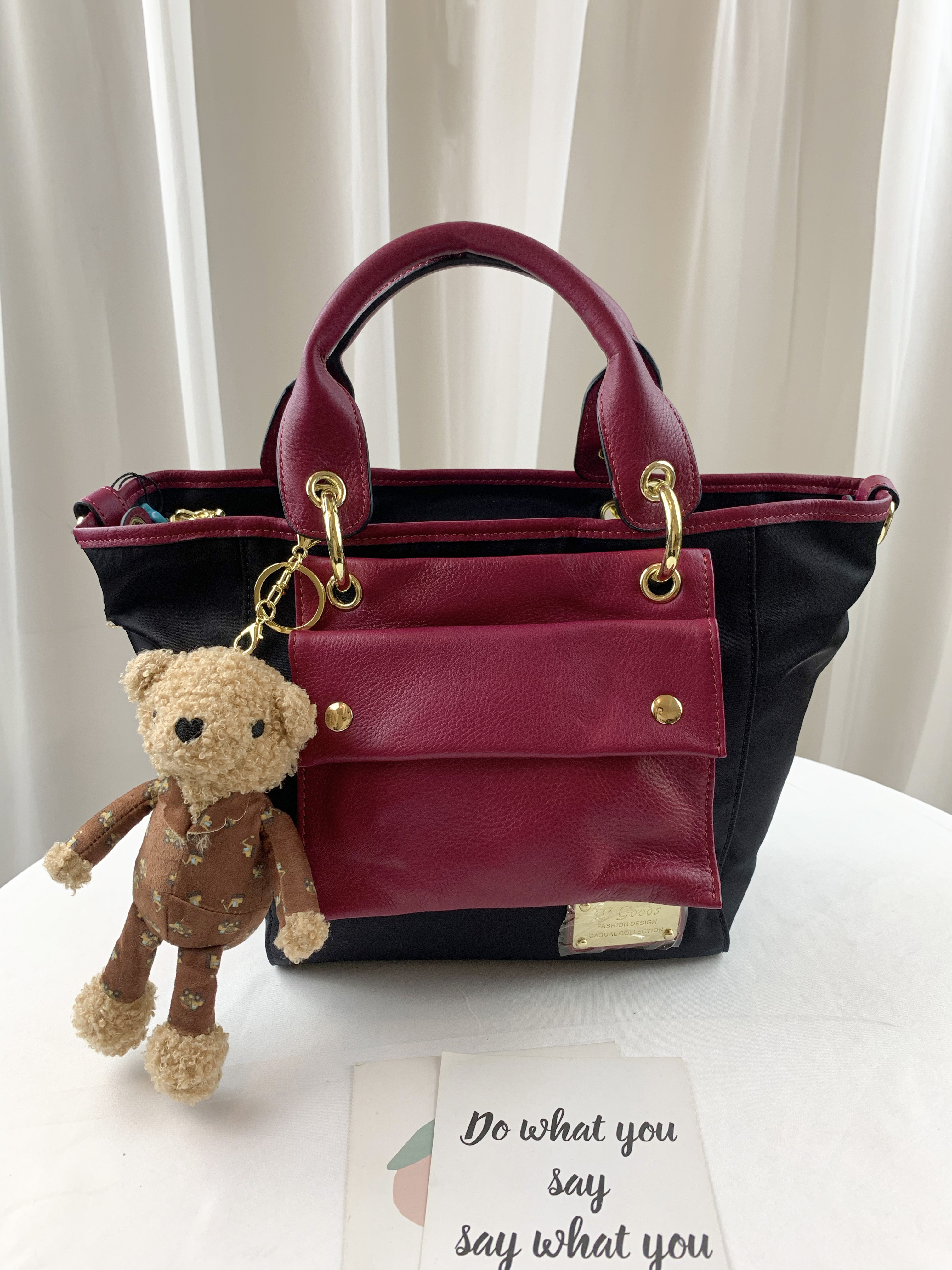 GOODS 亮桃紅 尼龍拼接真皮手提包 / 側背包 #2603