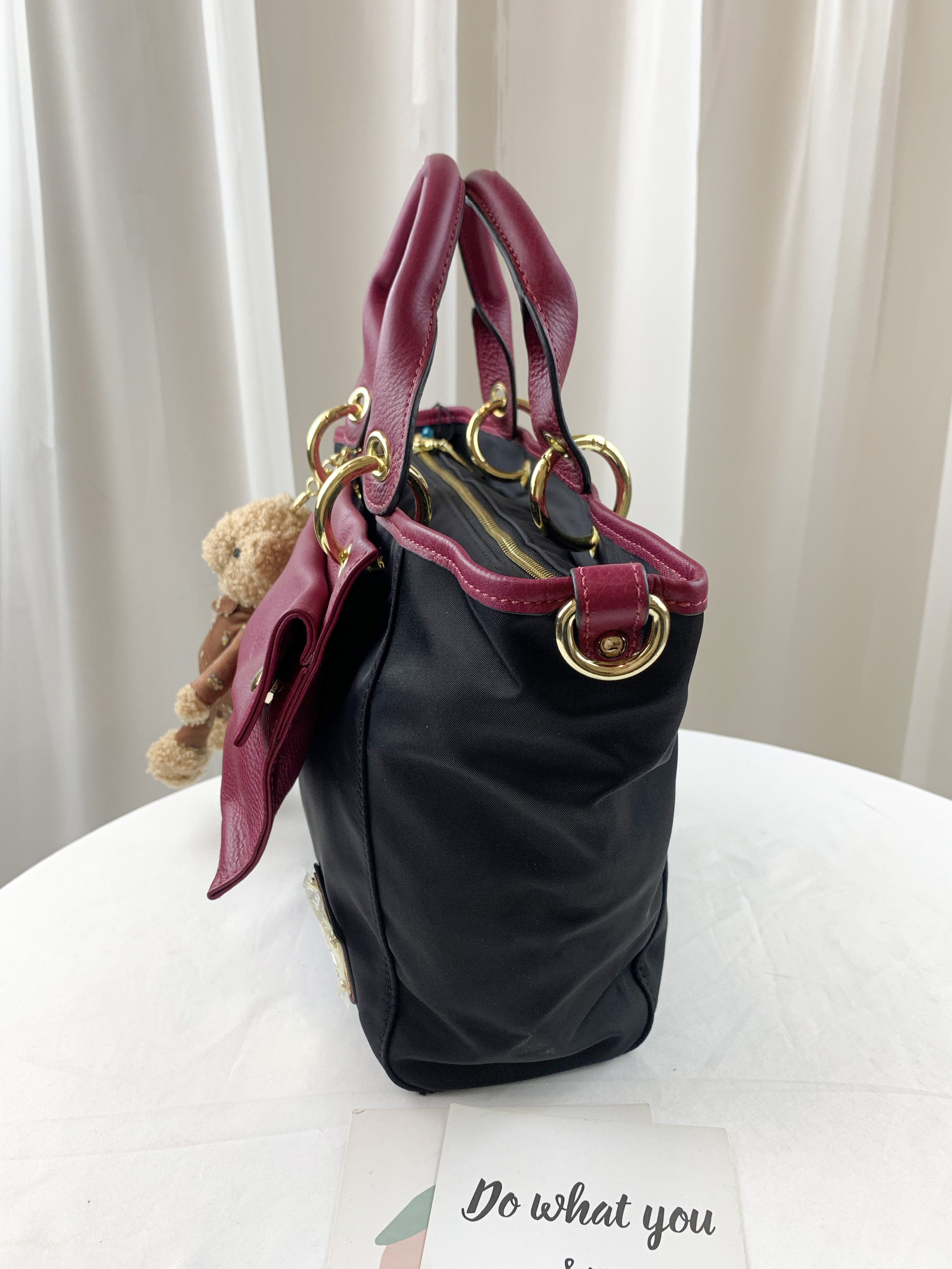 GOODS 亮桃紅 尼龍拼接真皮手提包 / 側背包 #2603