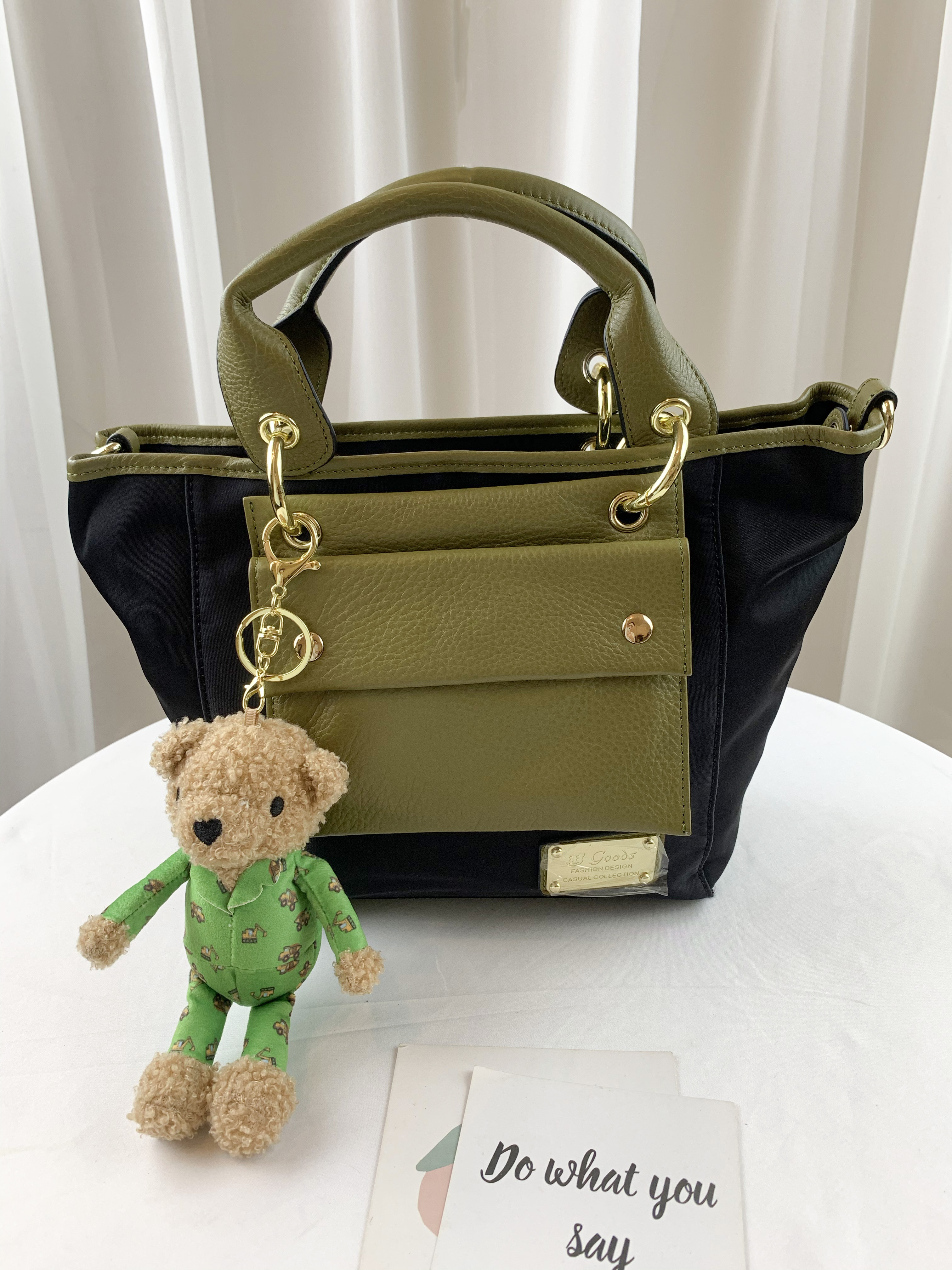 GOODS 抹茶綠 尼龍拼接真皮手提包 / 側背包 #2603