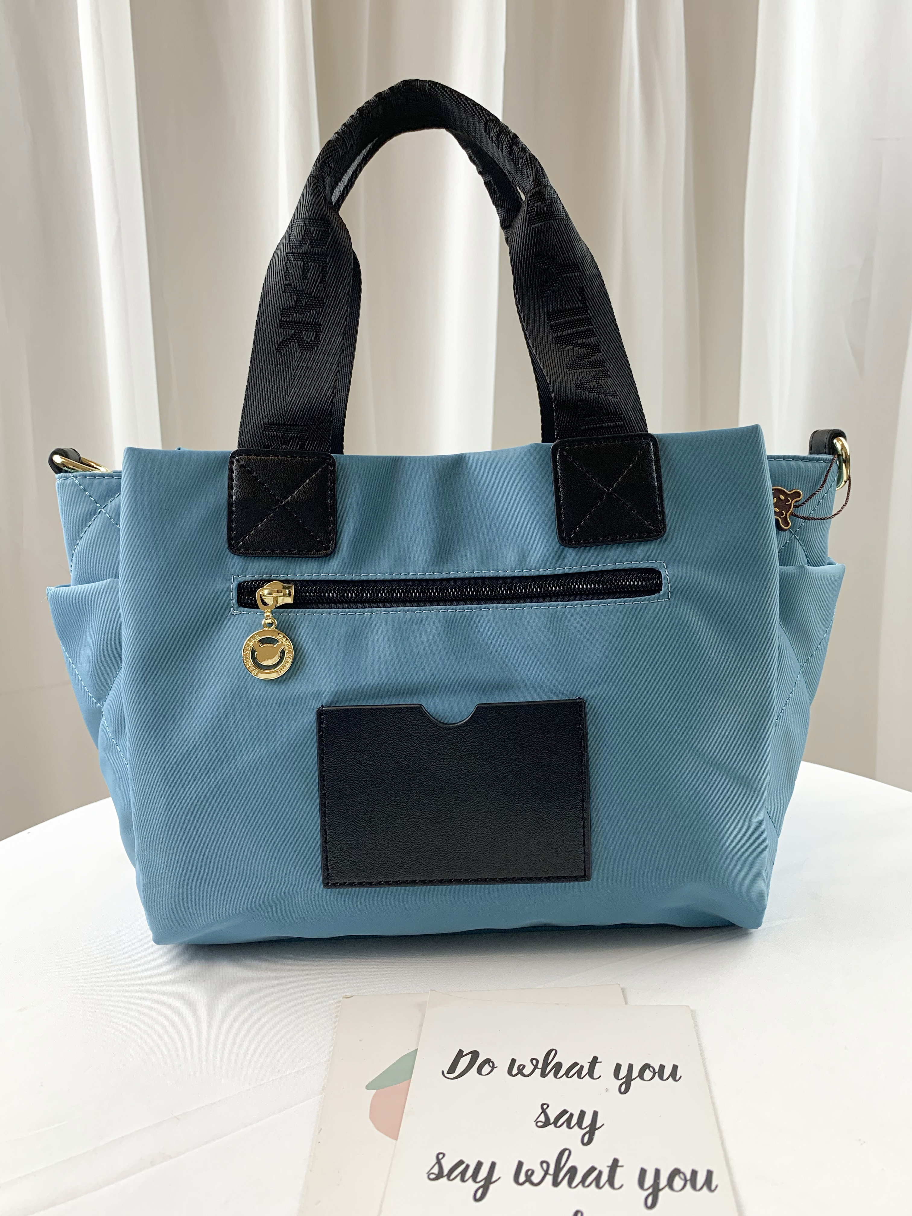 FamilyBear 湖水藍 菱格紋防潑水手提包 / 側背包  附小零錢包  #2751