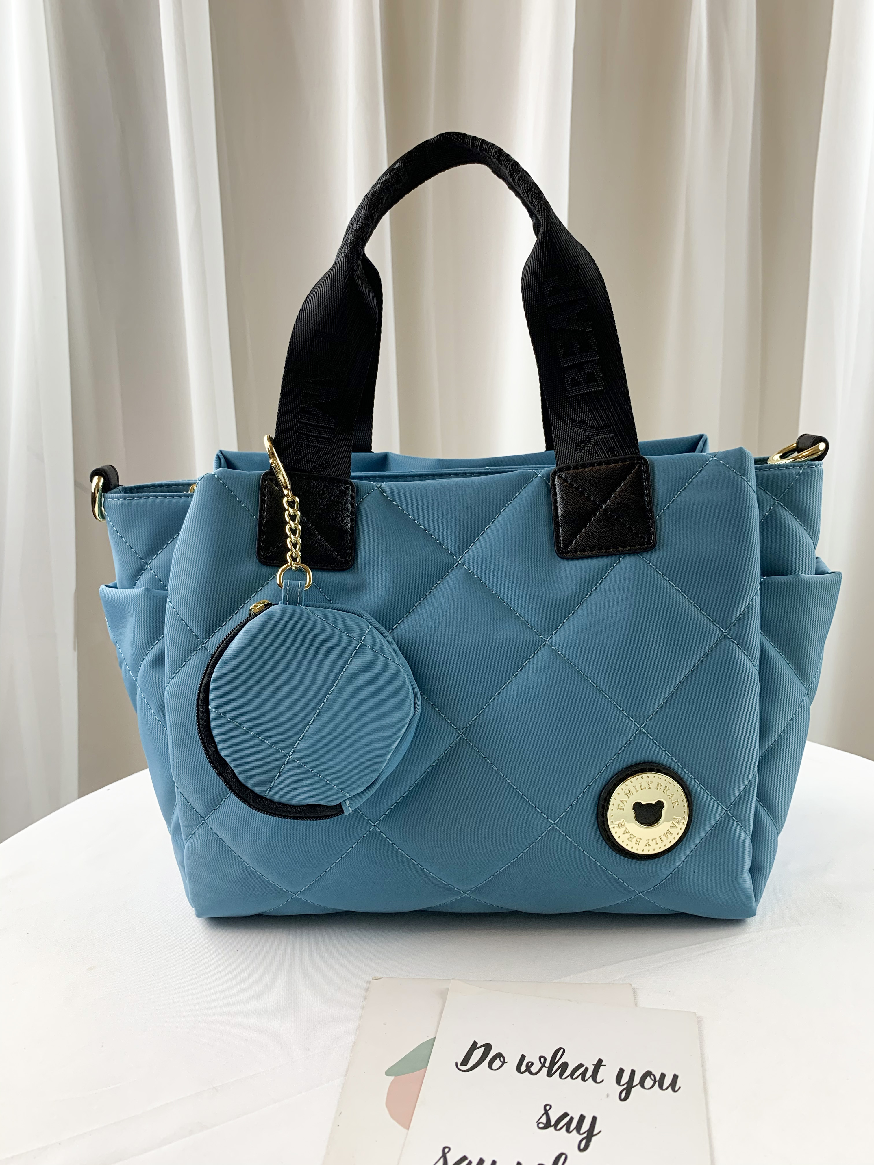 FamilyBear 湖水藍 菱格紋防潑水手提包 / 側背包  附小零錢包  #2751