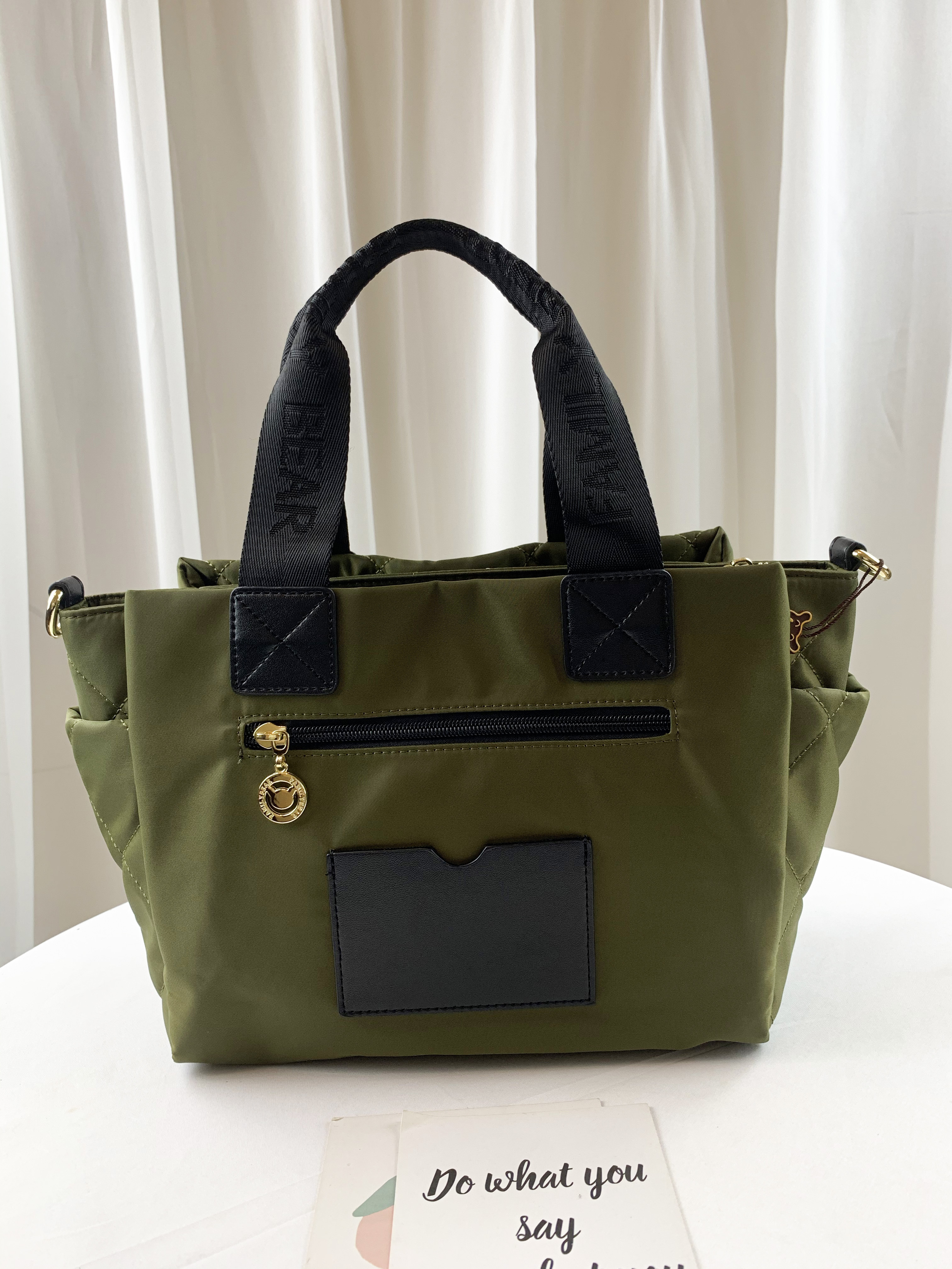 FamilyBear 抹茶綠 菱格紋防潑水手提包 / 側背包  附小零錢包  #2751