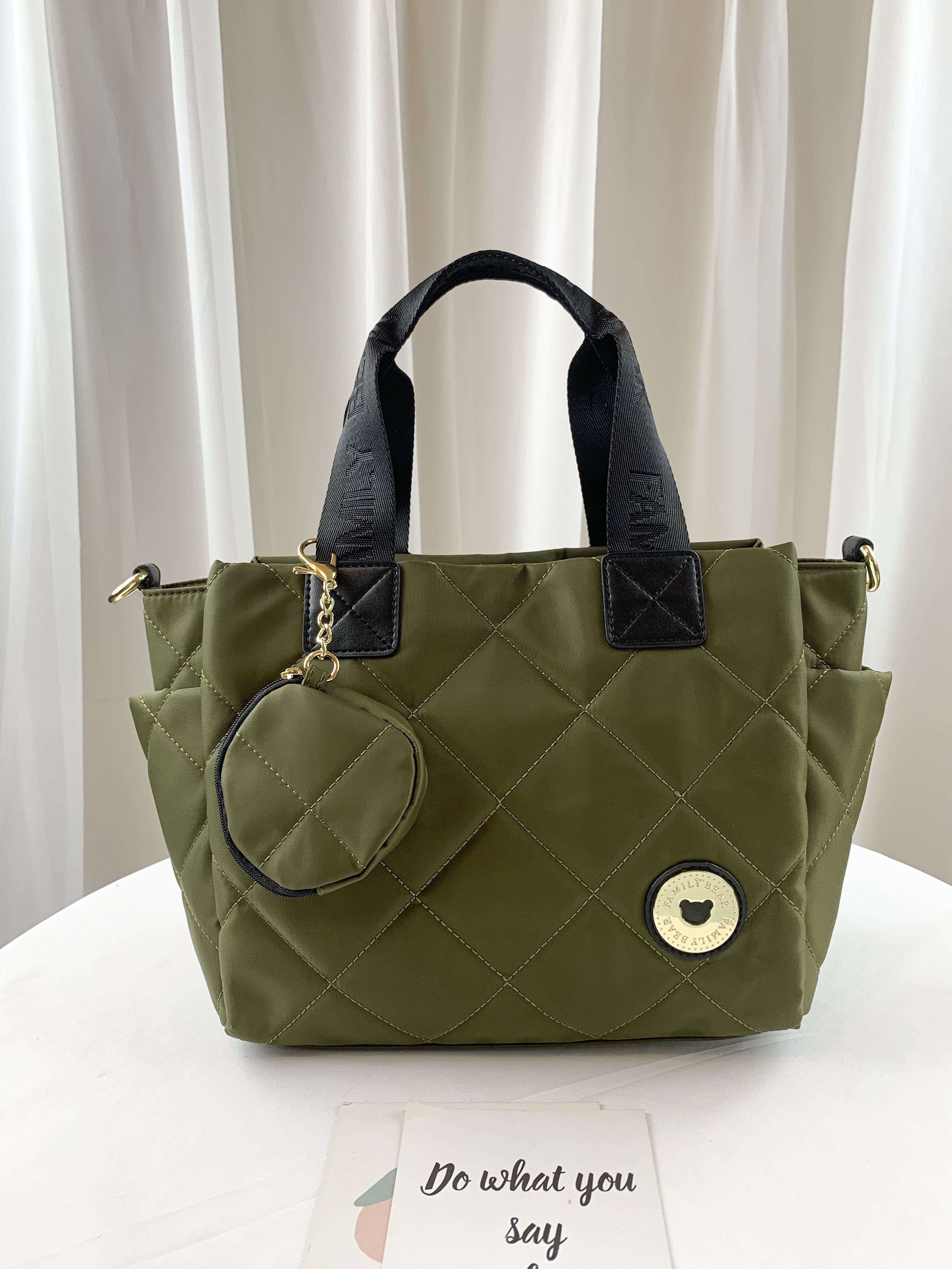 FamilyBear 抹茶綠 菱格紋防潑水手提包 / 側背包  附小零錢包  #2751