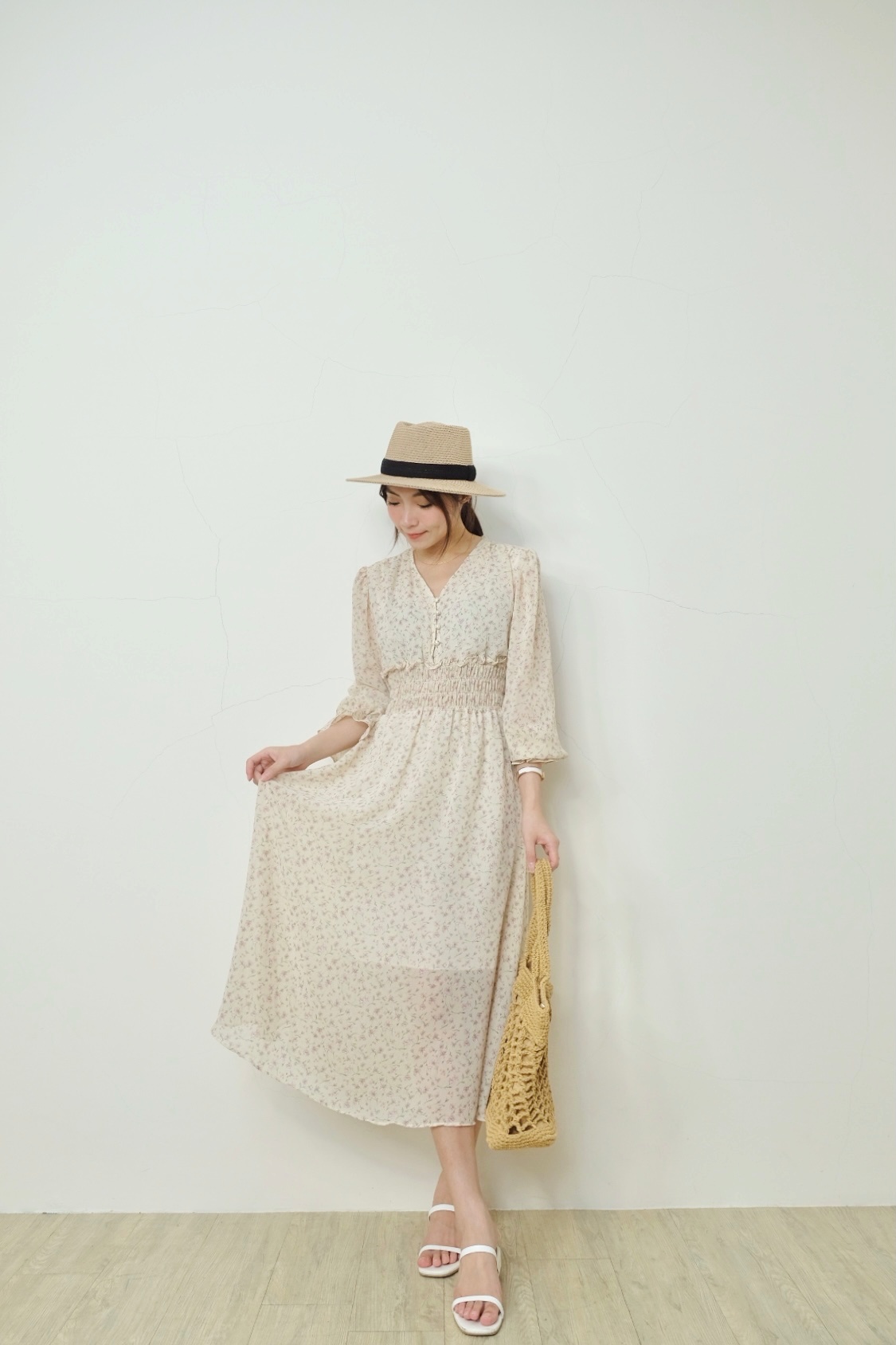 普羅旺斯輕甜柔杏碎花仙女雪紡洋