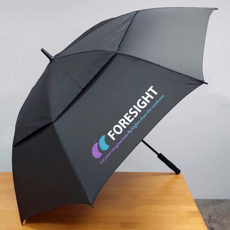 企業客製化雙層自動高爾夫球傘,內層拉漁網,全FRP傘架避免雷擊與強風,可參考做成賽車傘或車模傘於展場活動宣傳