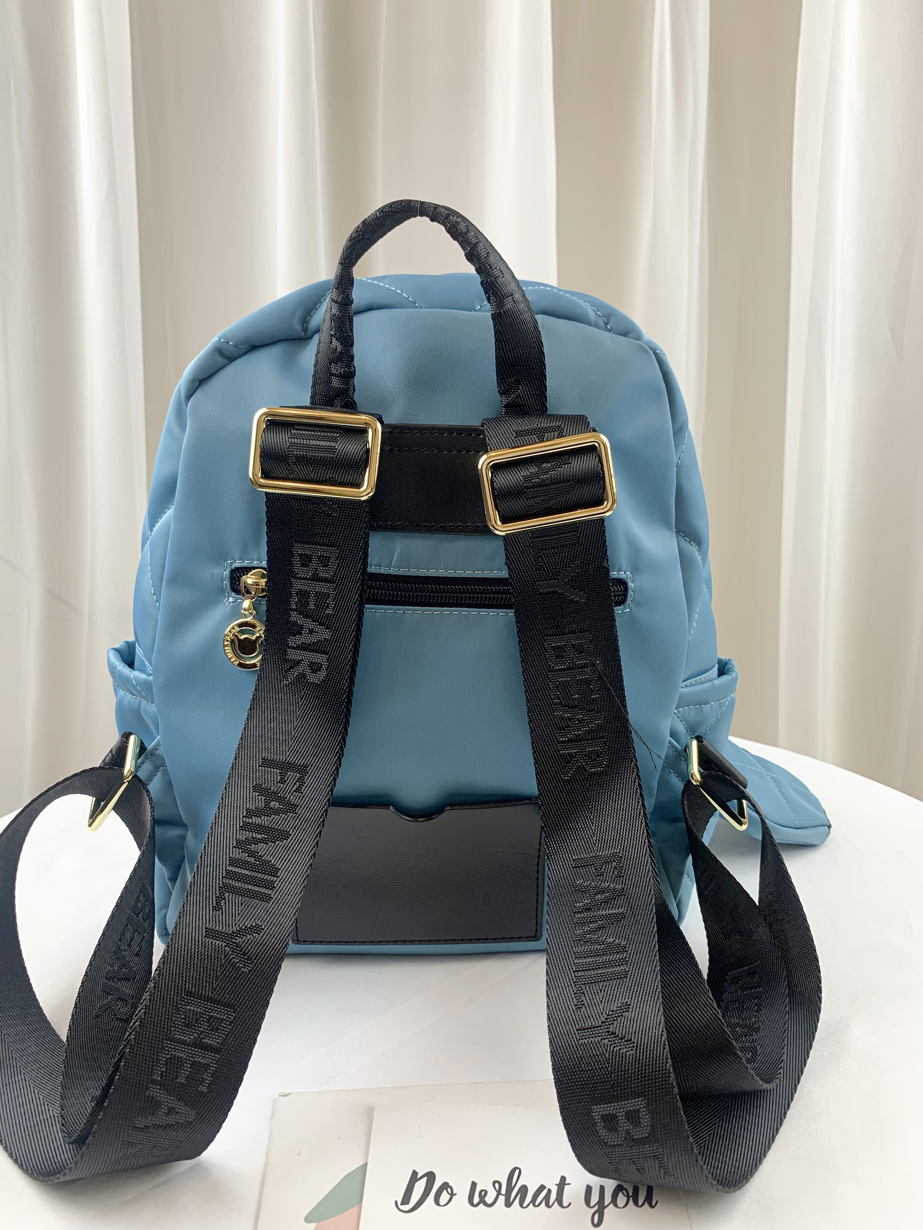 FamilyBear 湖水藍 菱格紋防潑水後背包  附小零錢包  #2766