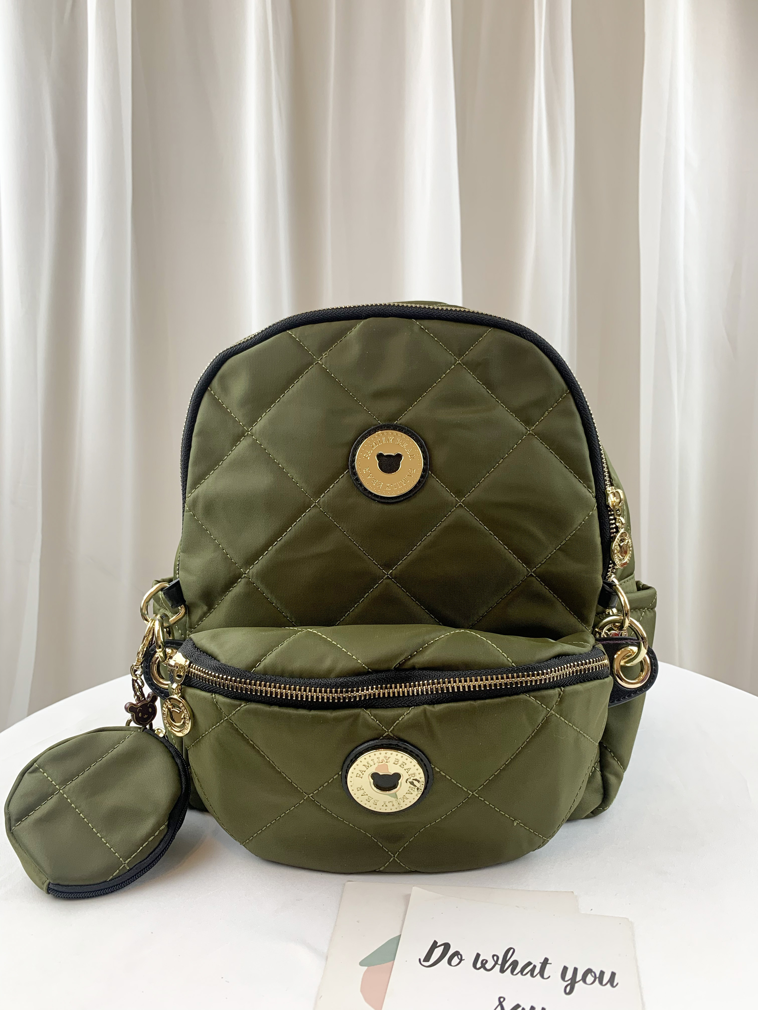 FamilyBear 抹茶綠 菱格紋防潑水後背包  附小零錢包  #2766