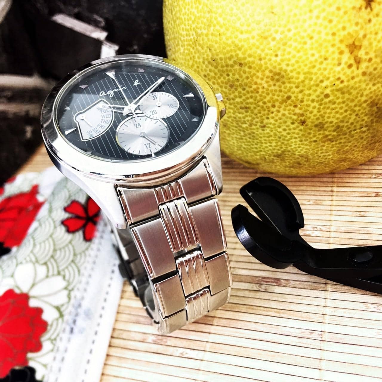 【agnès b.】三眼扇形質感黑腕錶  5Y66-0AE0C 40mm 現代鐘錶