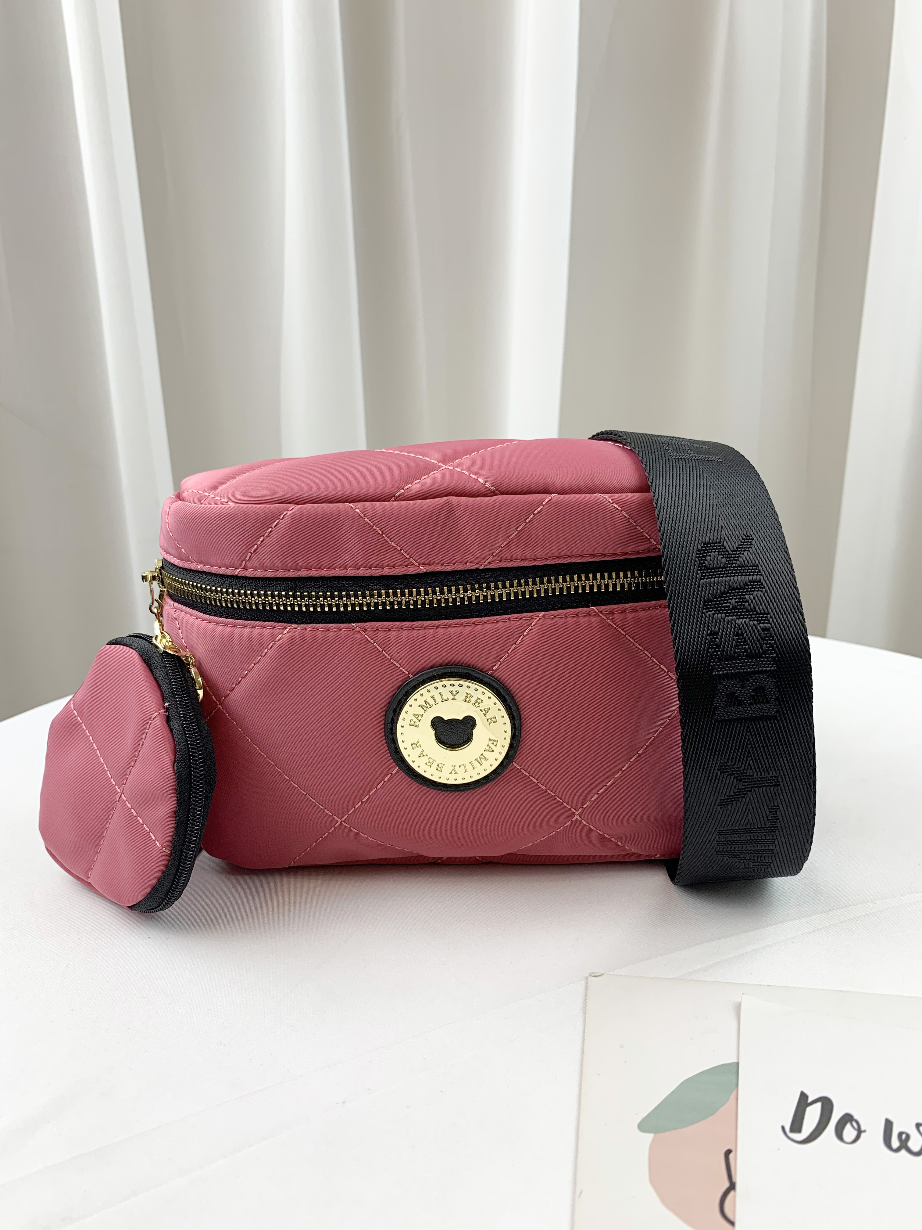 FamilyBear 亮桃紅 菱格紋防潑水側背腰包 / 胸包  附小零錢包  #2770