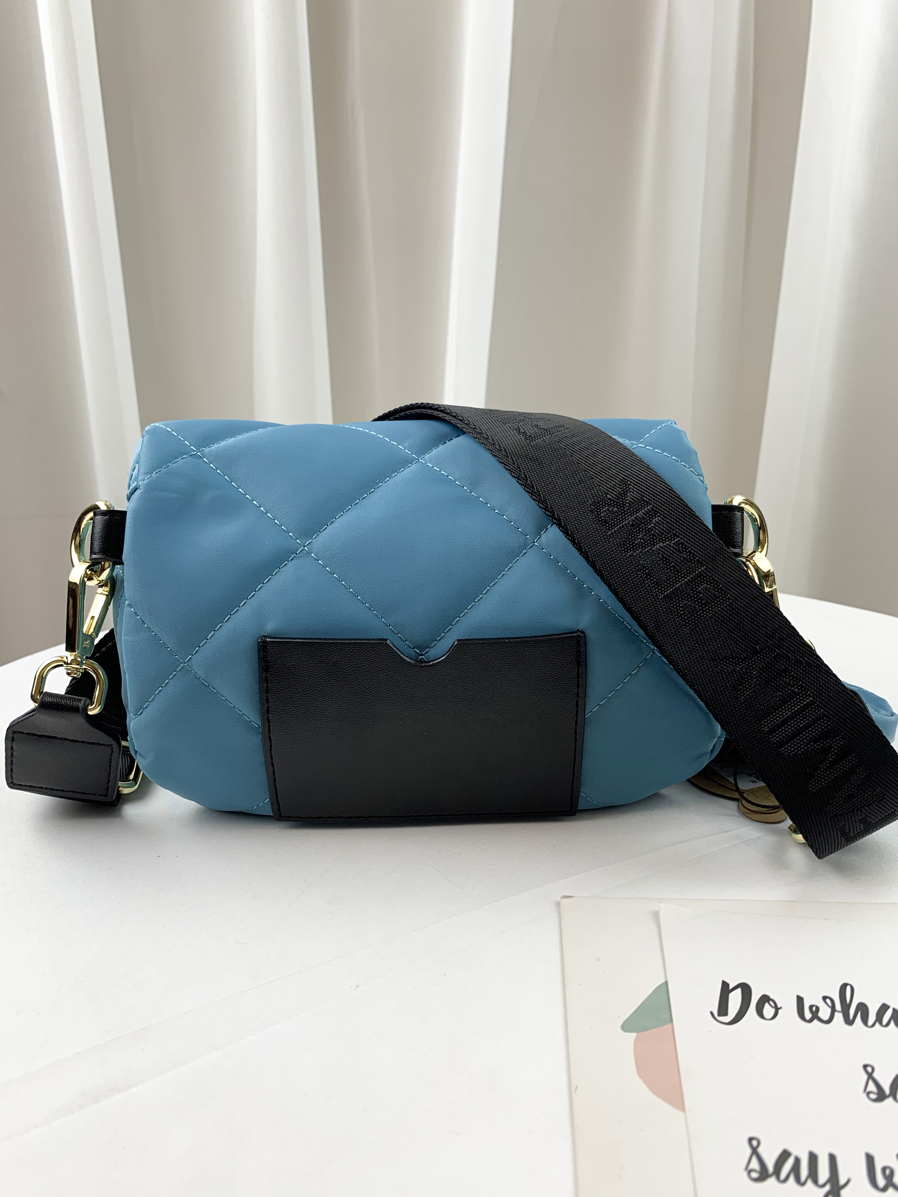 FamilyBear湖水藍 菱格紋防潑水側背腰包 / 胸包  附小零錢包  #2770