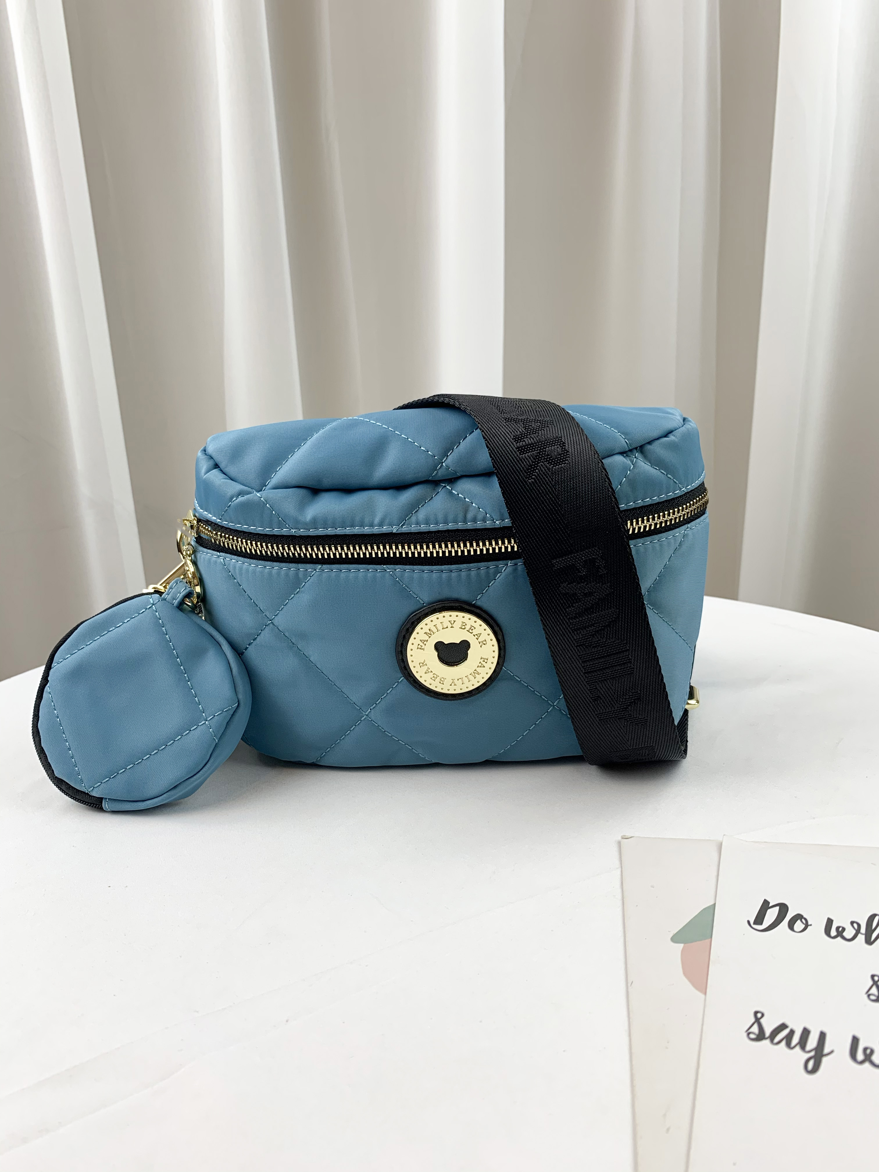 FamilyBear湖水藍 菱格紋防潑水側背腰包 / 胸包  附小零錢包  #2770