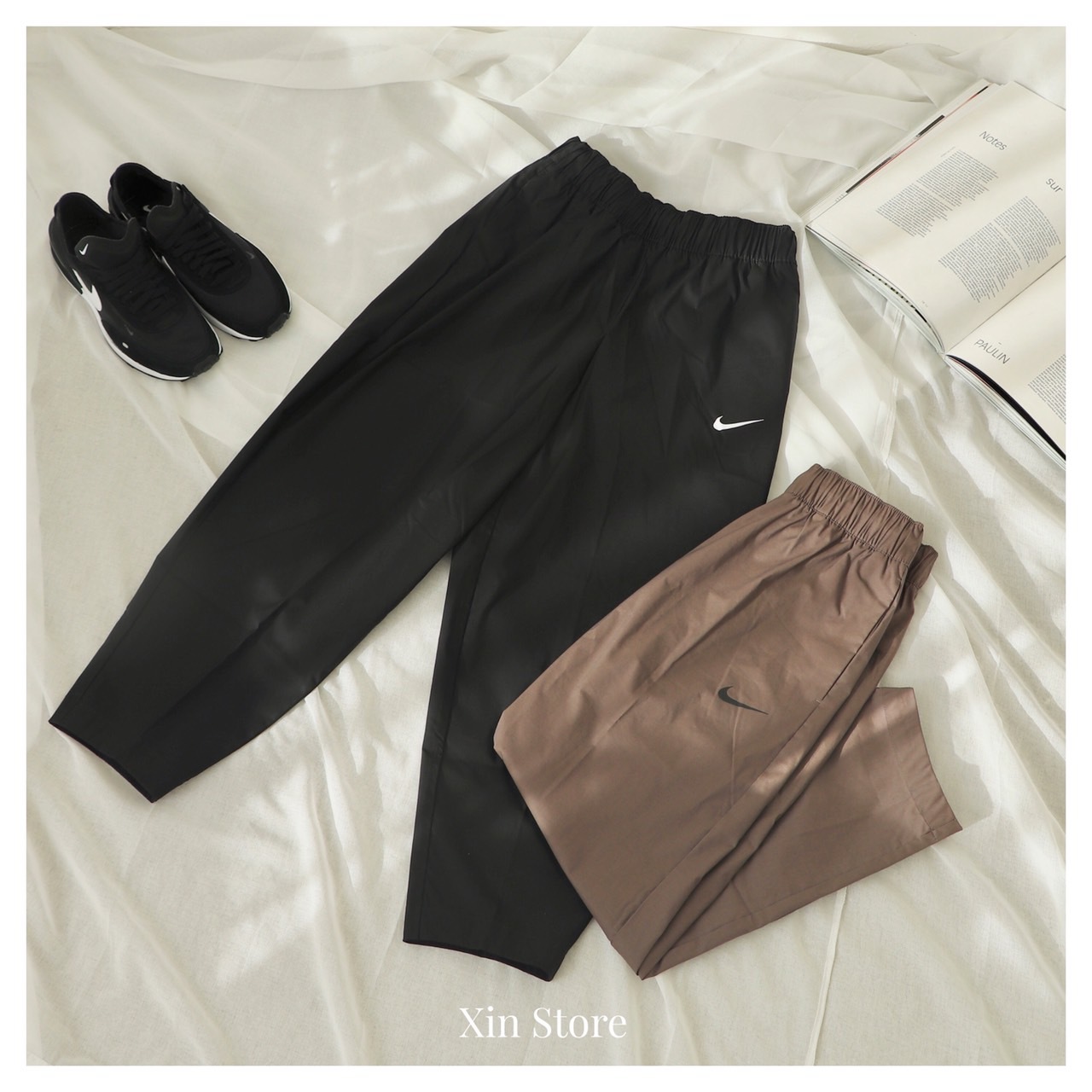 【現貨】Nike Swoosh Pants 鬆緊 九分 高腰 縮口 繭型褲 長褲 黑 棕