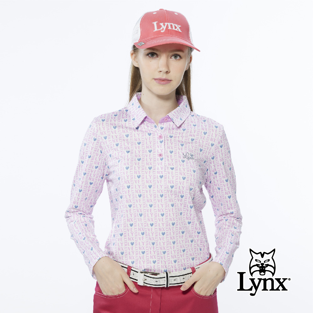 【Lynx Golf】女款吸濕排汗滿版Lynxy字樣愛心印花長袖POLO衫