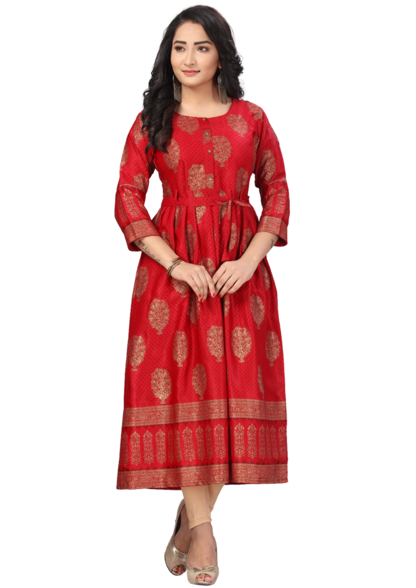 Women Red Gold Print Magic Silk Flair Kurti Maxi Dress Q1382