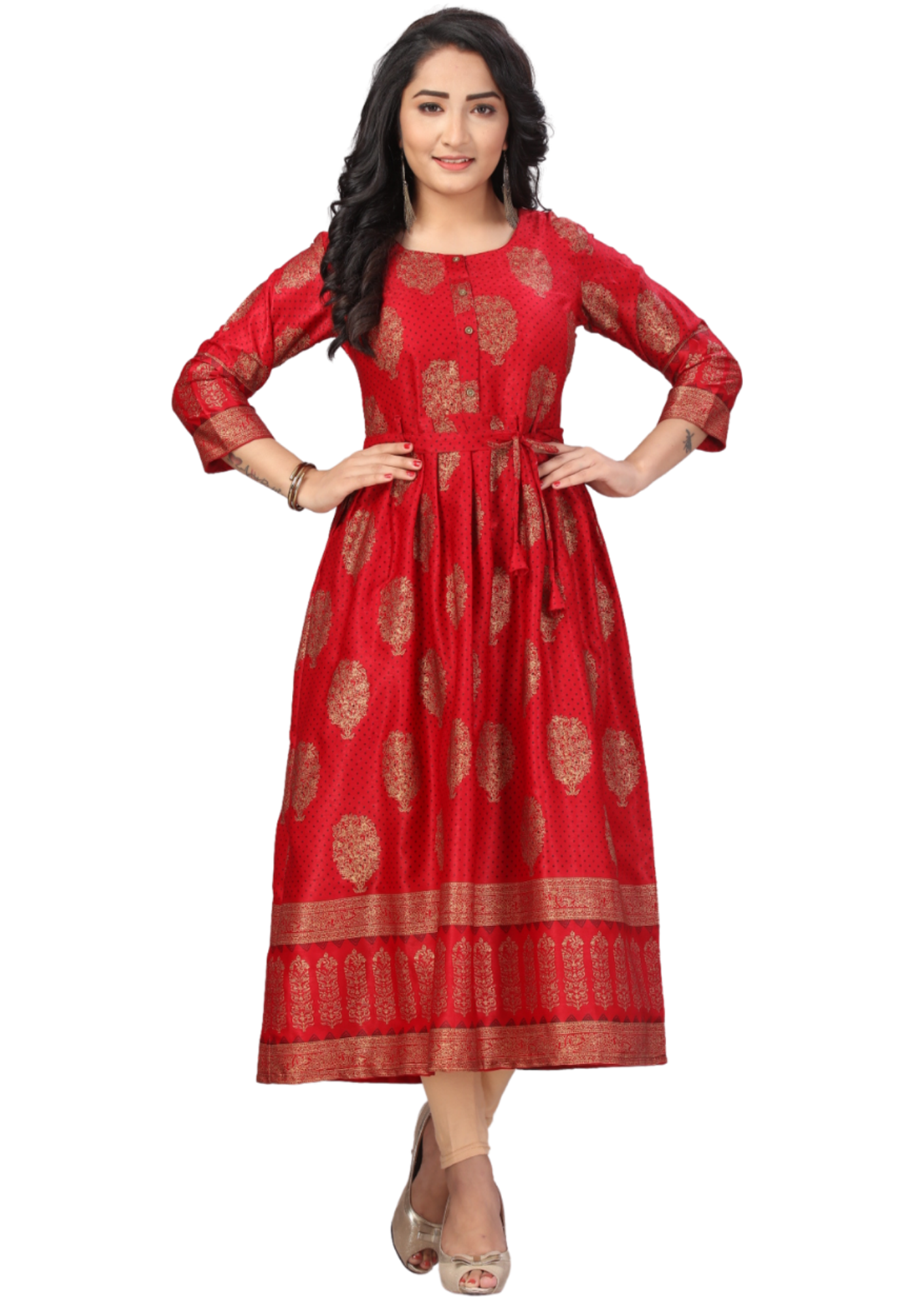 Women Red Gold Print Magic Silk Flair Kurti Maxi Dress Q1382