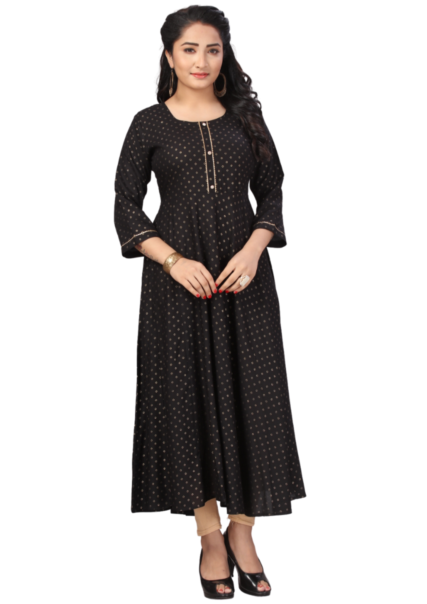 Women Black Gold Print Rayon Flair Kurti Maxi Dress Q1391