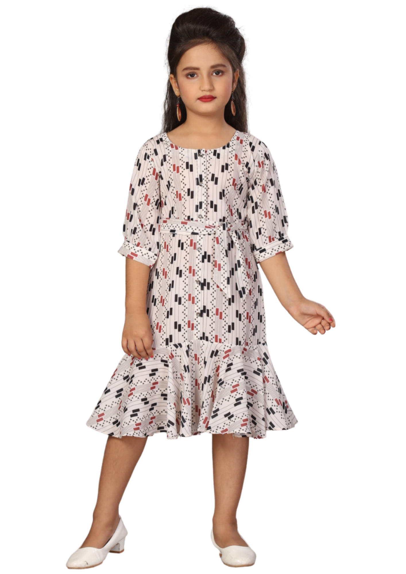 Girl White Printed Poly Blackbery Belted Flutter Hem Knee Length Kurti Dress Q1405