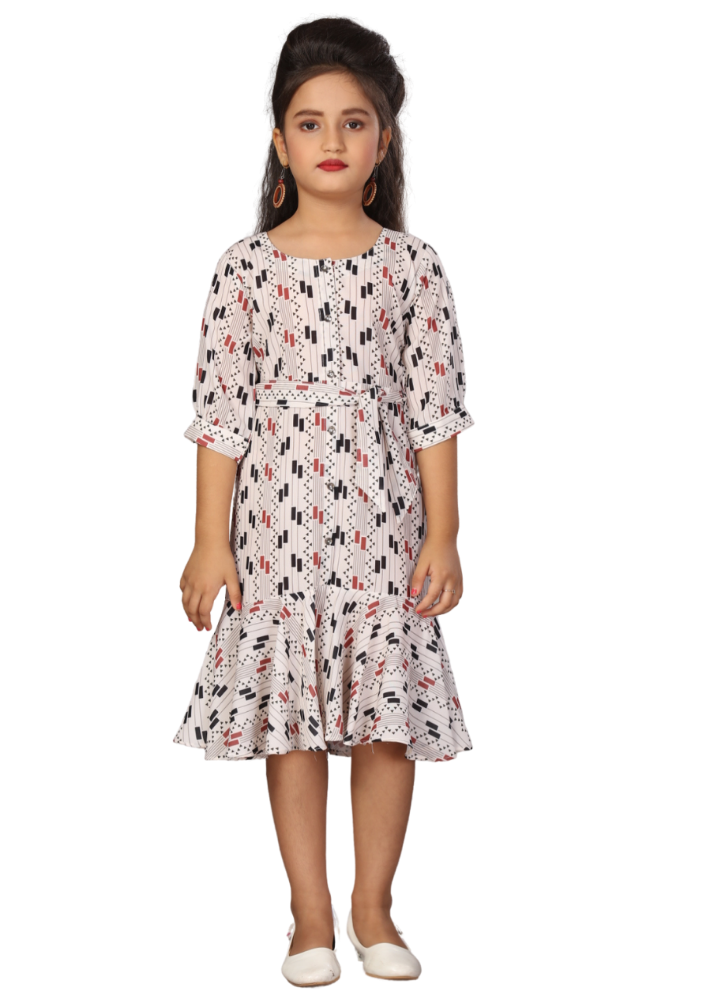 Girl White Printed Poly Blackbery Belted Flutter Hem Knee Length Kurti Dress Q1405