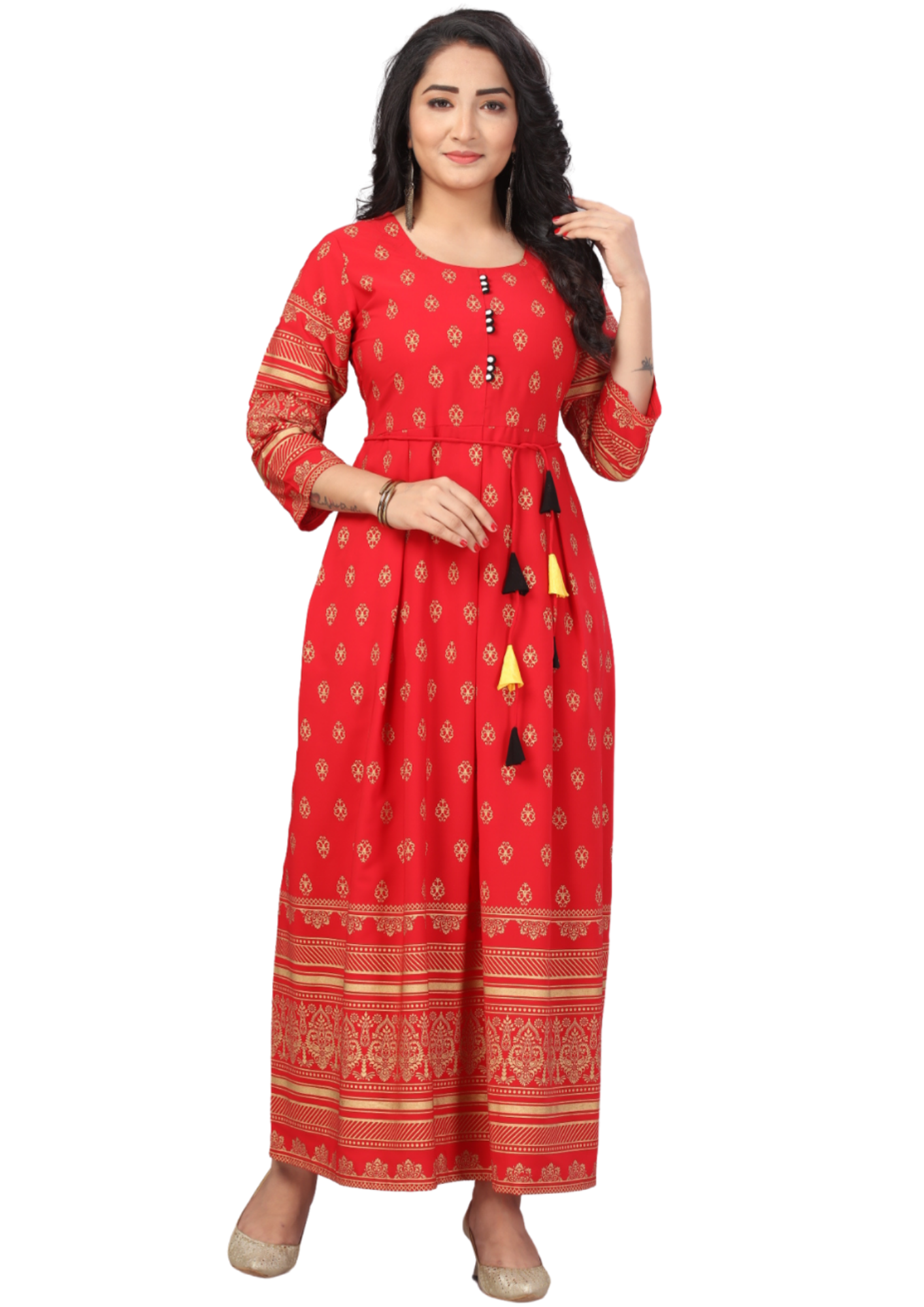 Women Red Gold Foil Melbourn Poly Flair Kurti Maxi Gown Q1378