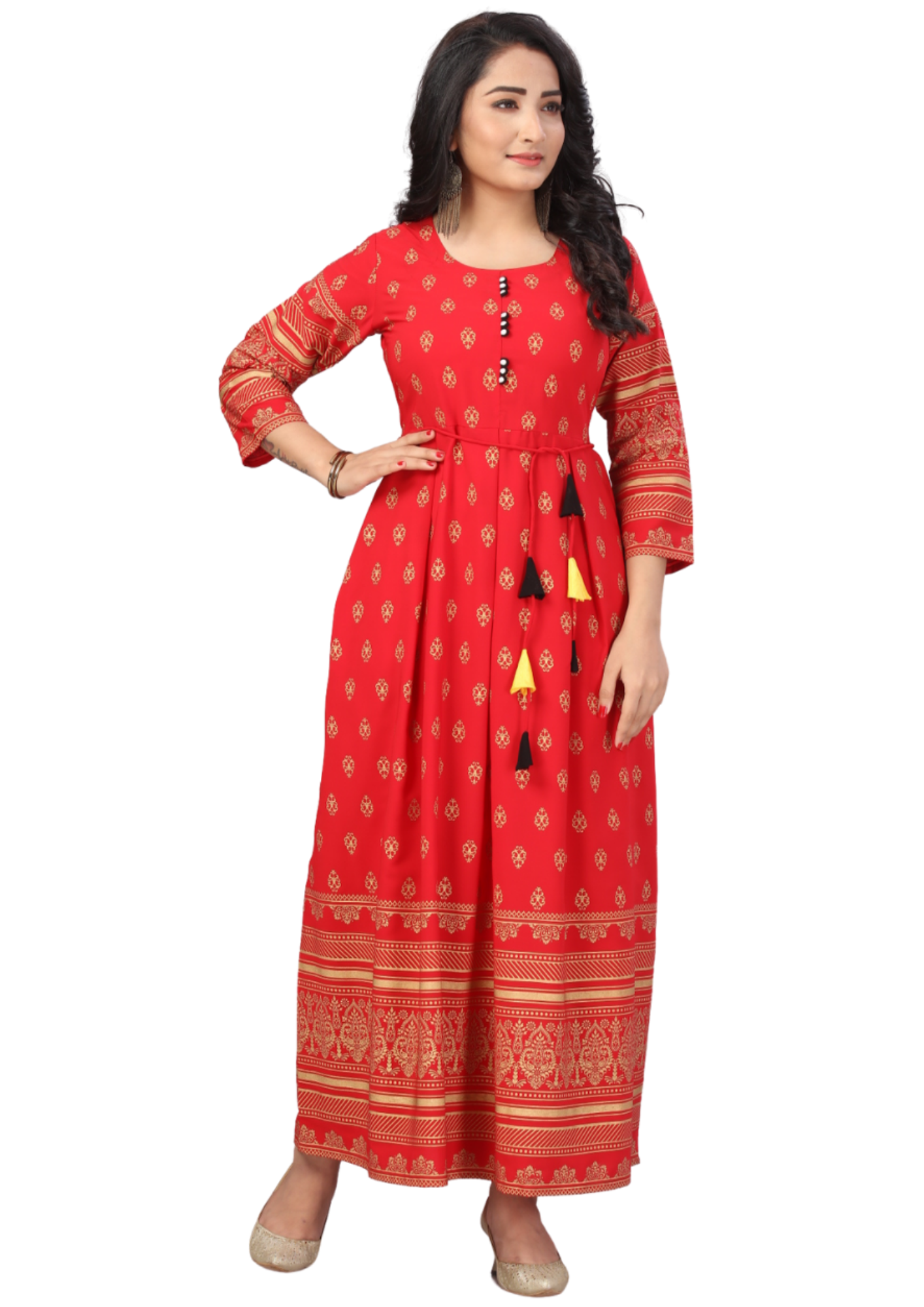 Women Red Gold Foil Melbourn Poly Flair Kurti Maxi Gown Q1378