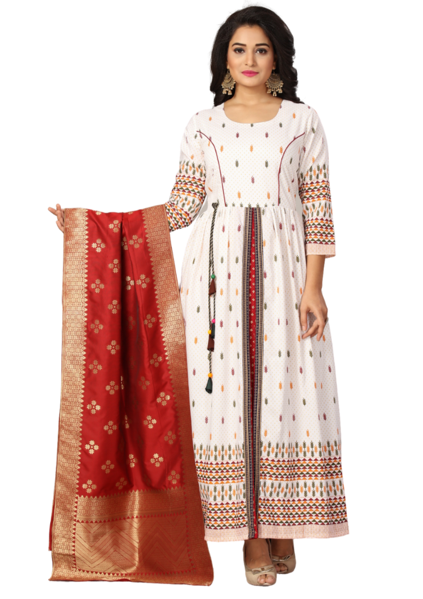 Women White Printed Chinon Silk Flair Kurti Maxi Gown With Banaras Dupatta Q1379