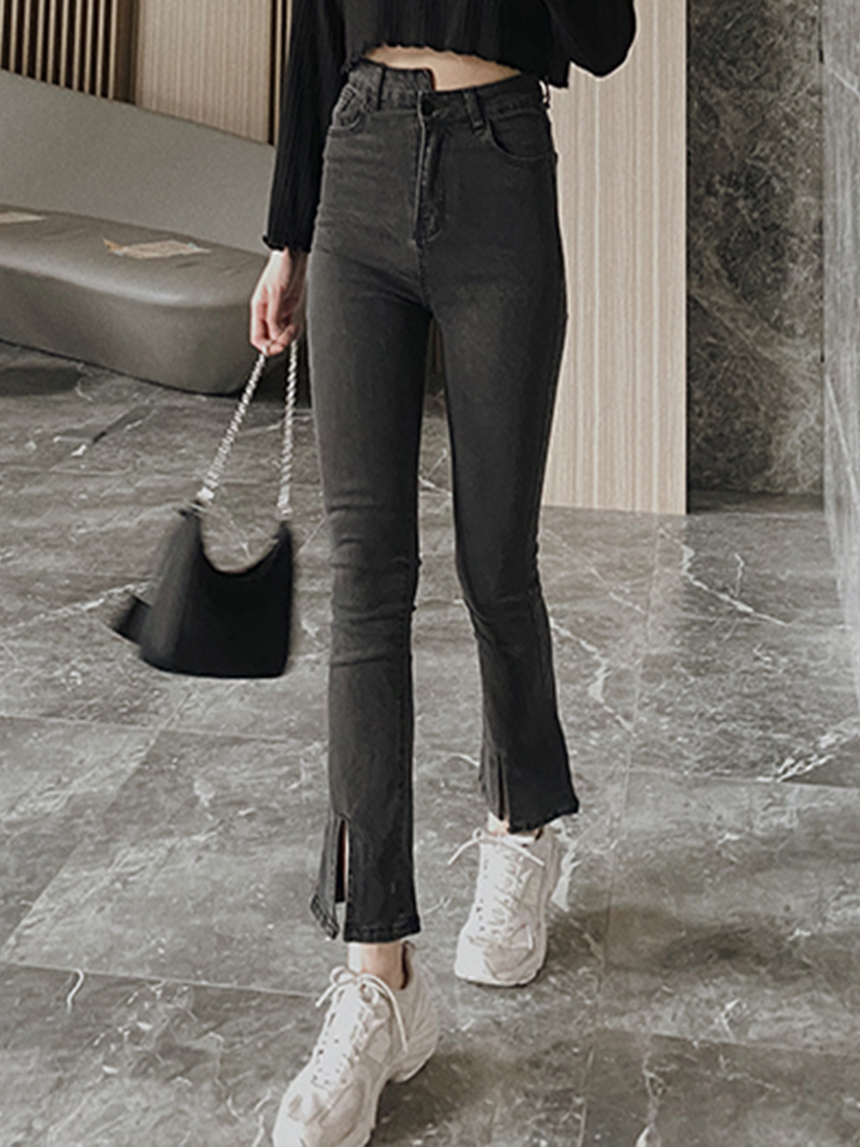 高腰灰系前開衩喇叭牛仔褲