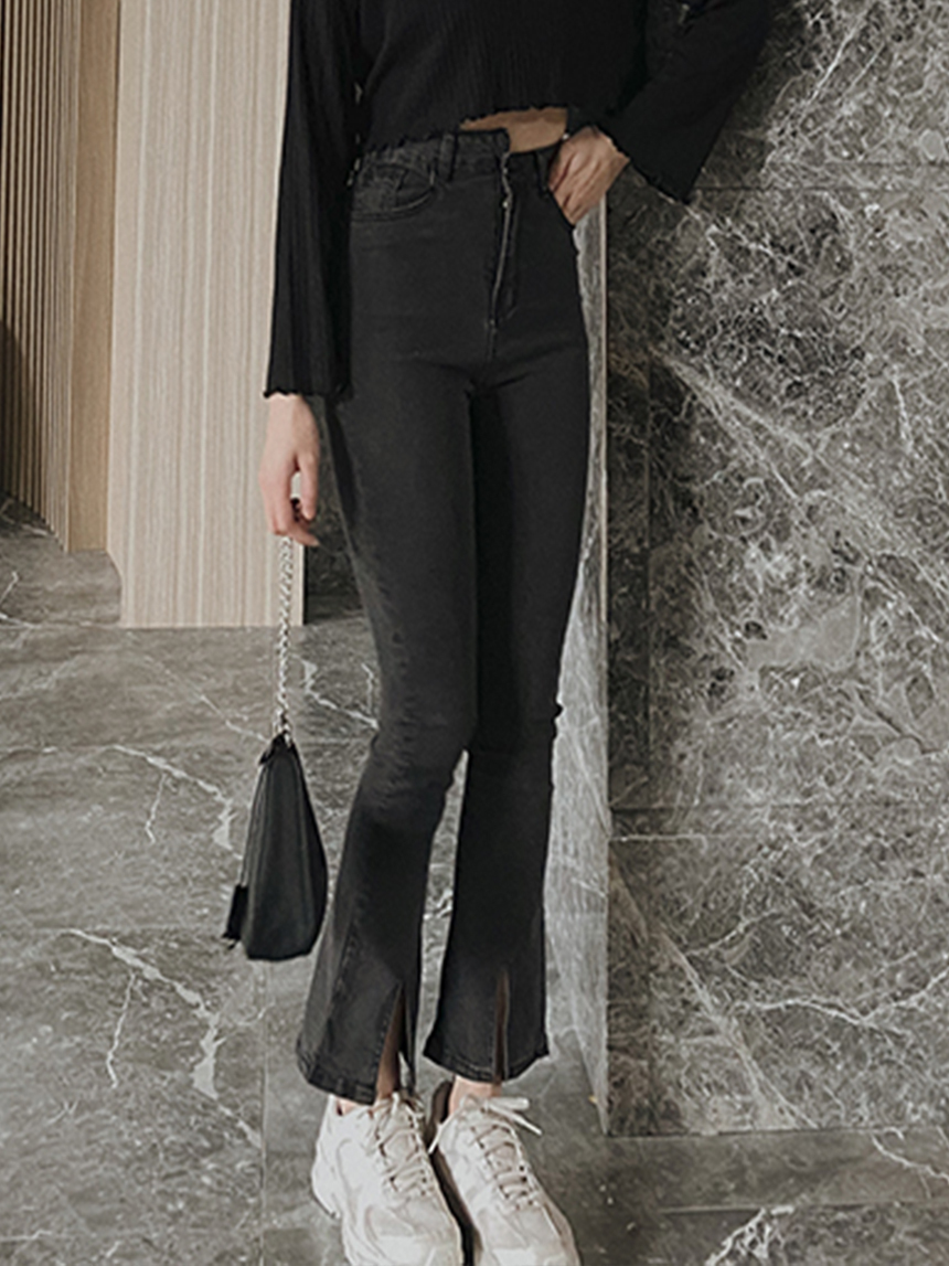 高腰灰系前開衩喇叭牛仔褲