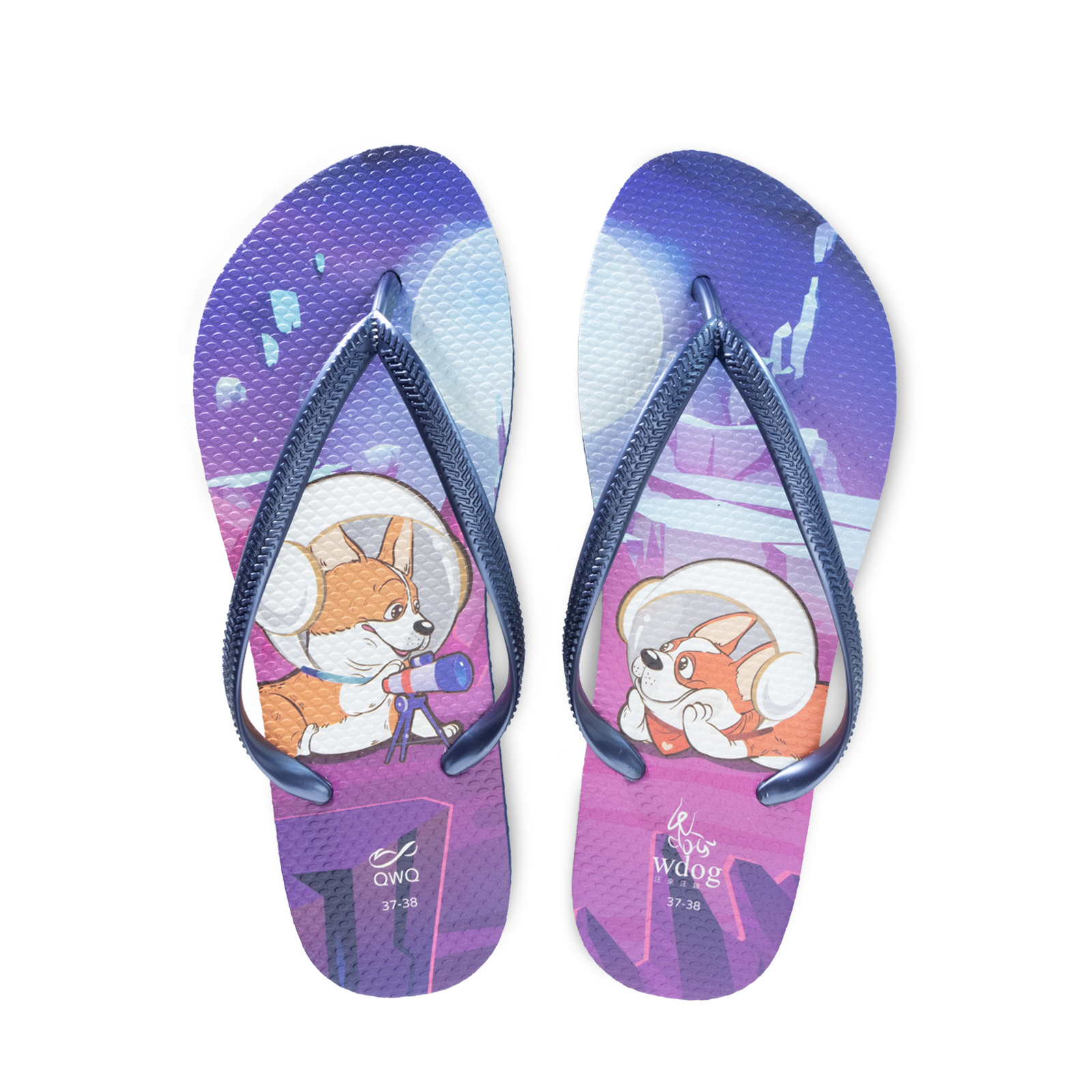 汪來汪趣 柯基 小宇宙 女款細帶人字夾腳拖鞋 藏青藍