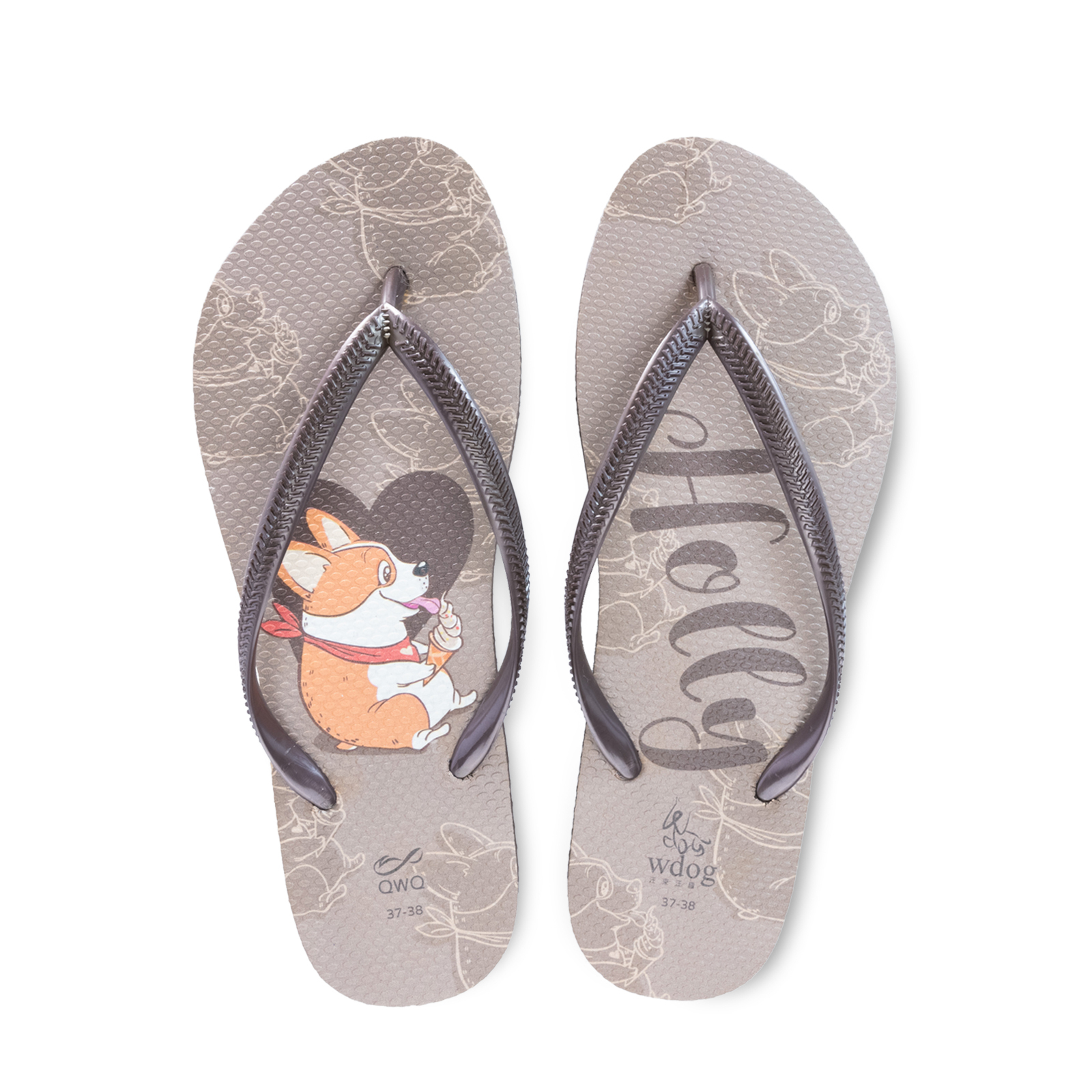 汪來汪趣 柯基 巧克力 女款細帶人字夾腳拖鞋 焦糖棕