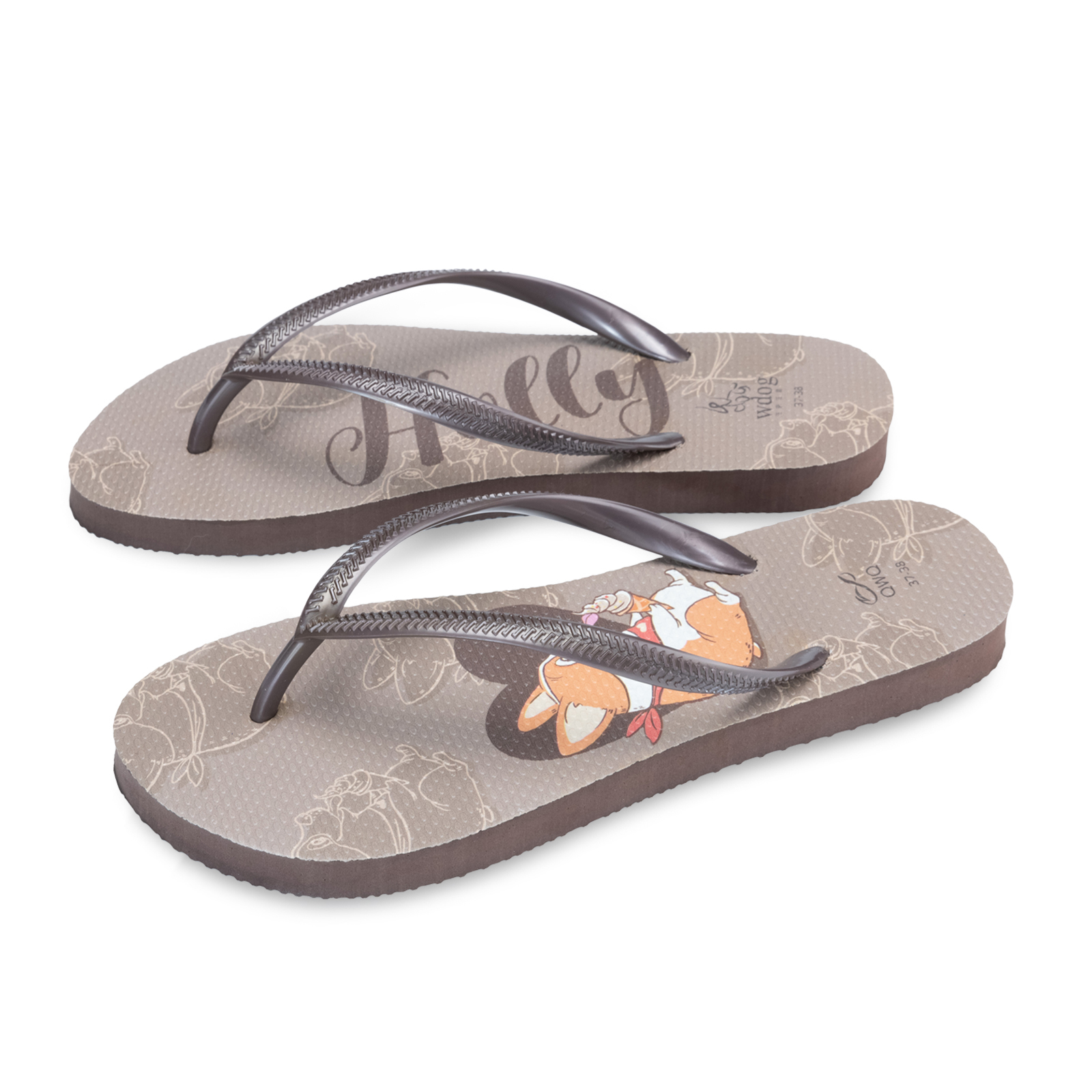 汪來汪趣 柯基 巧克力 女款細帶人字夾腳拖鞋 焦糖棕