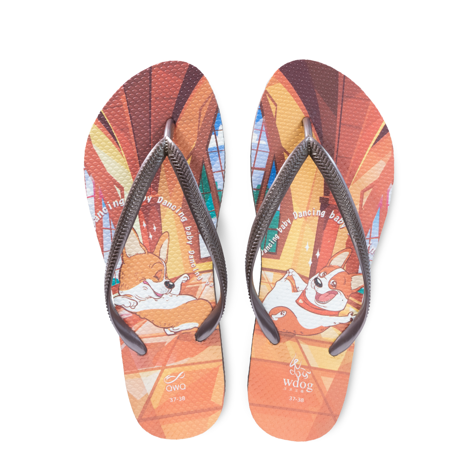 汪來汪趣 柯基 跳舞基 女款細帶人字夾腳拖鞋 焦糖棕