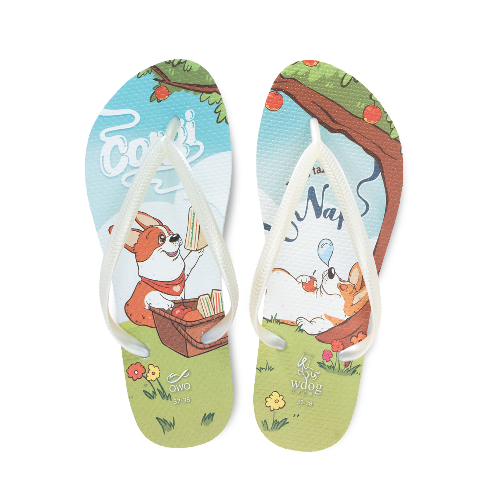 汪來汪趣 柯基 睡午覺 女款細帶人字夾腳拖鞋 牛奶白