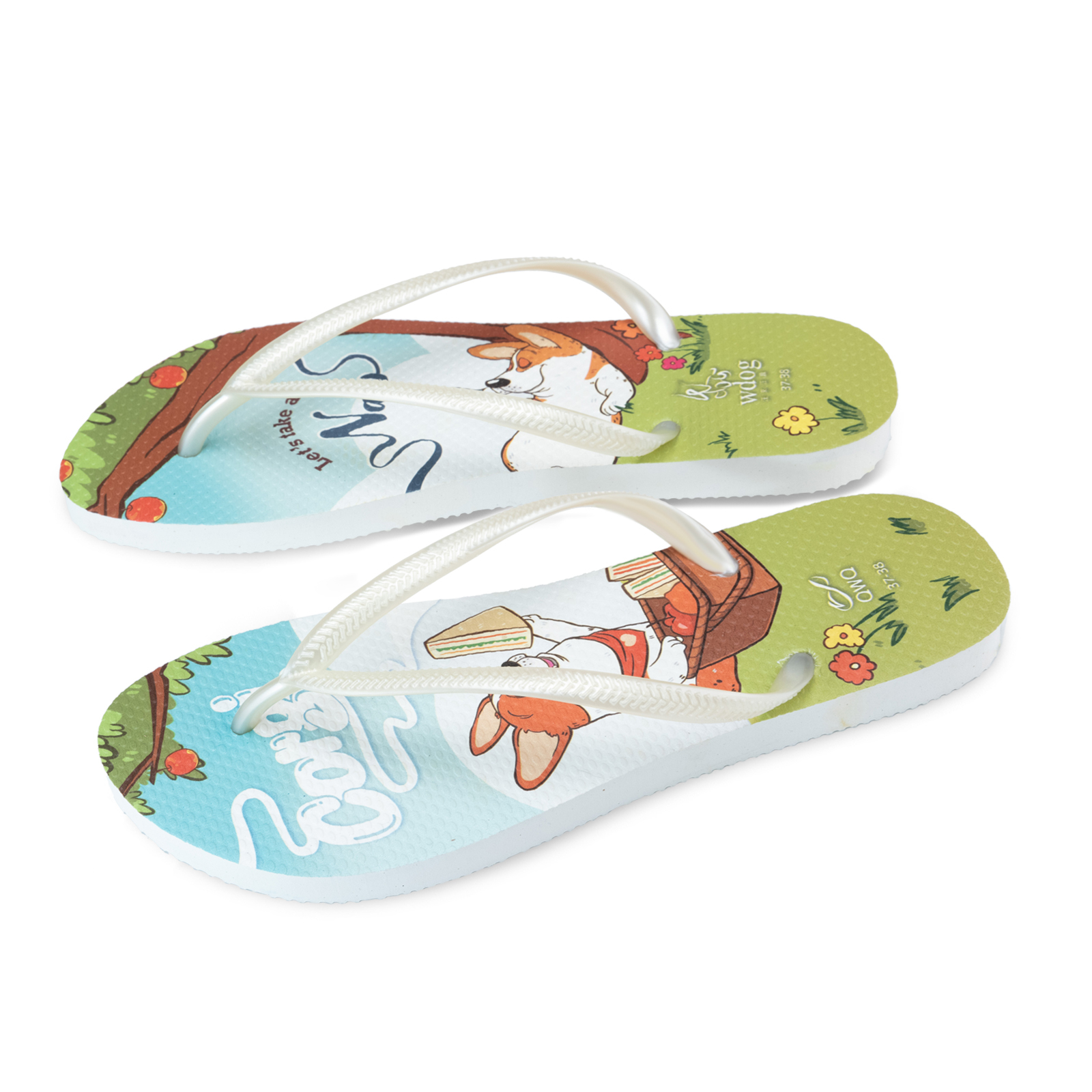 汪來汪趣 柯基 睡午覺 女款細帶人字夾腳拖鞋 牛奶白