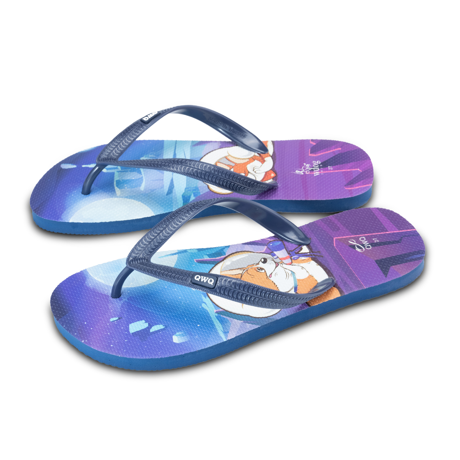 汪來汪趣 柯基 小宇宙 男款粗帶人字夾腳拖鞋 藏青藍