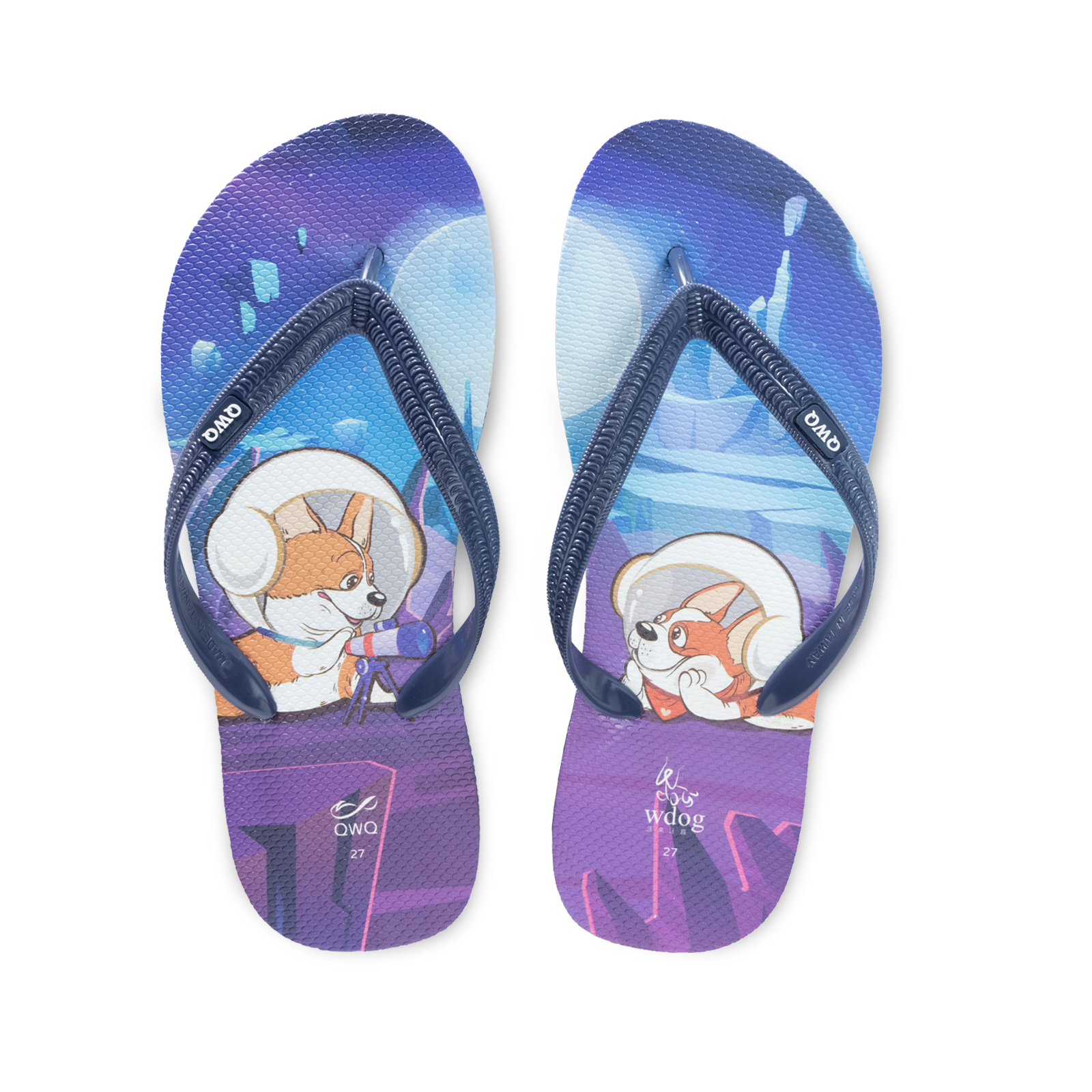 汪來汪趣 柯基 小宇宙 男款粗帶人字夾腳拖鞋 藏青藍