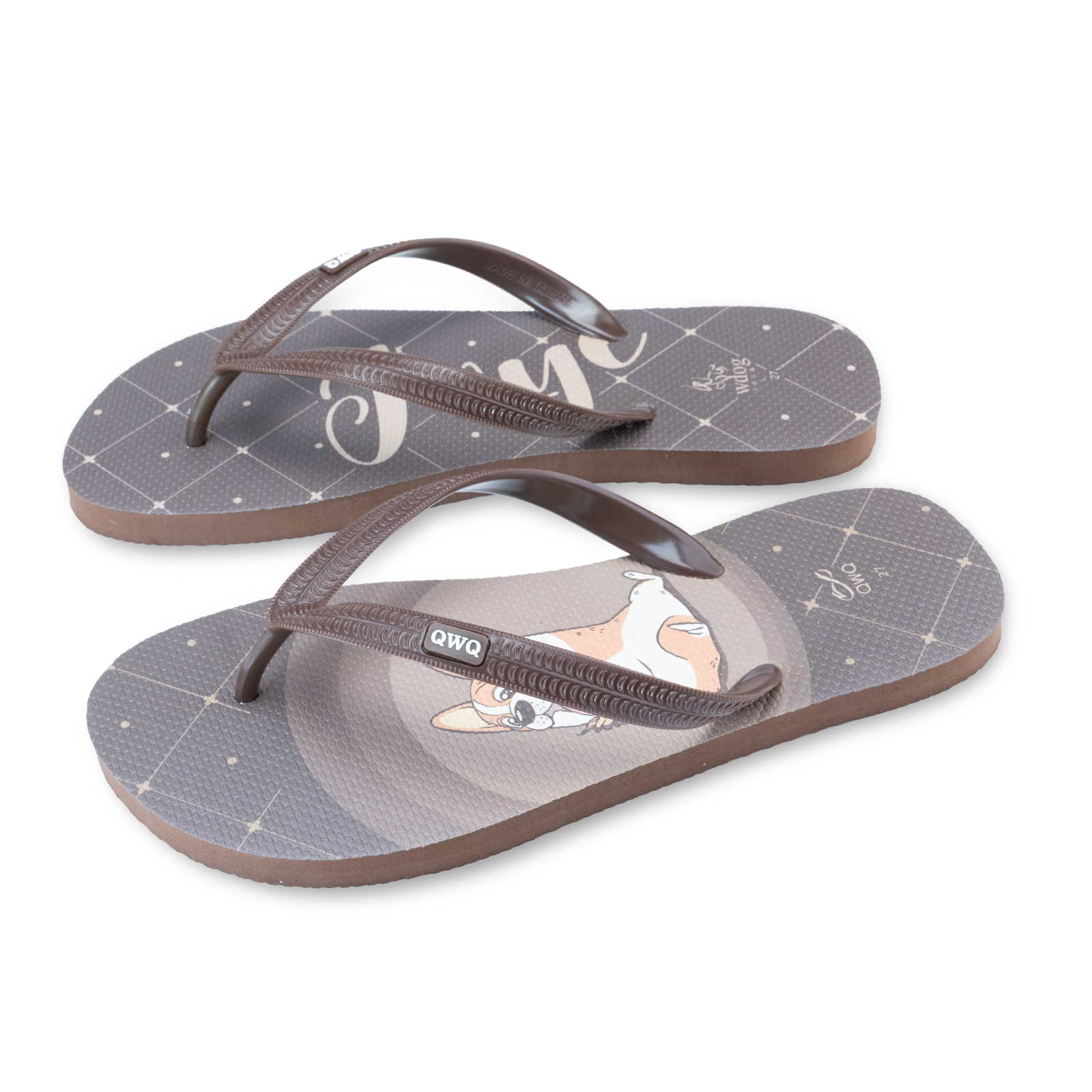 汪來汪趣 柯基 巧克力 男款粗帶人字夾腳拖鞋 焦糖棕