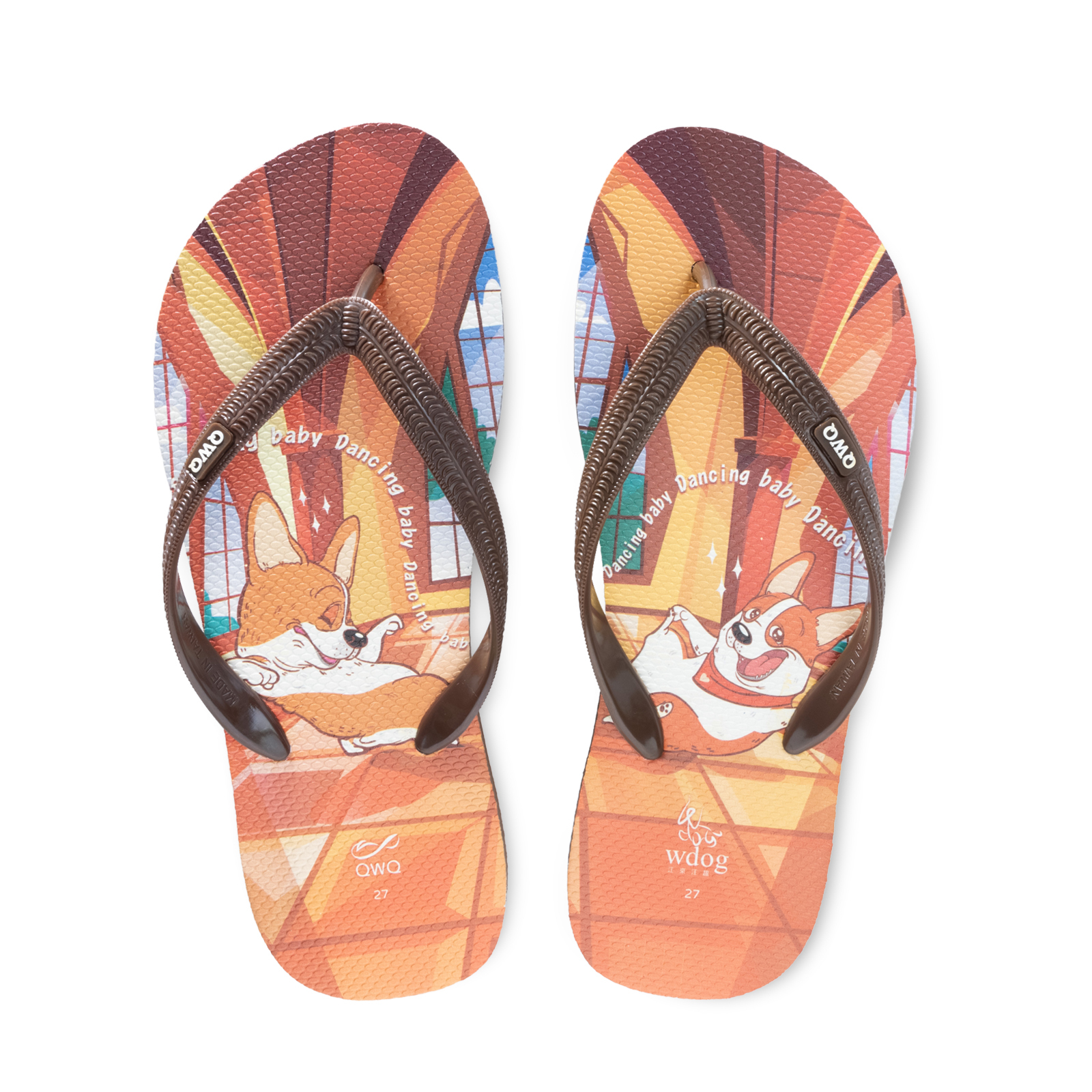 汪來汪趣 柯基 跳舞基 男款粗帶人字夾腳拖鞋 焦糖棕