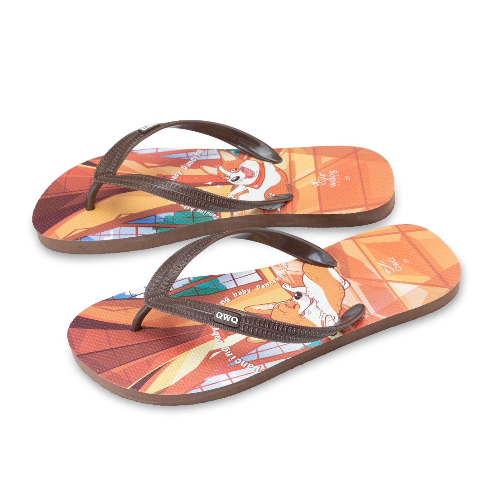 汪來汪趣 柯基 跳舞基 男款粗帶人字夾腳拖鞋 焦糖棕