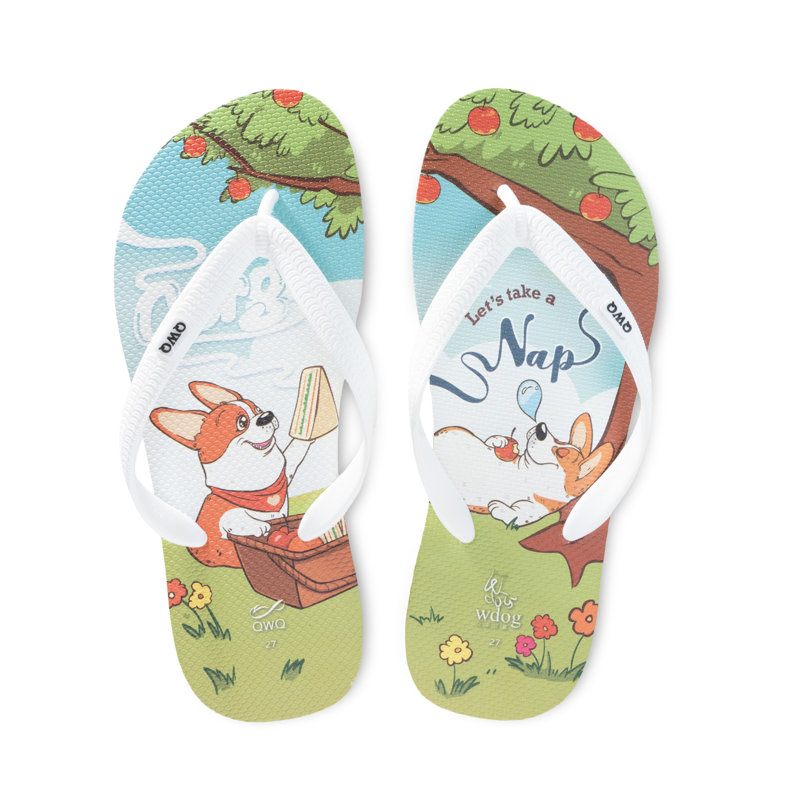 汪來汪趣 柯基 睡午覺 男款粗帶人字夾腳拖鞋 牛奶白