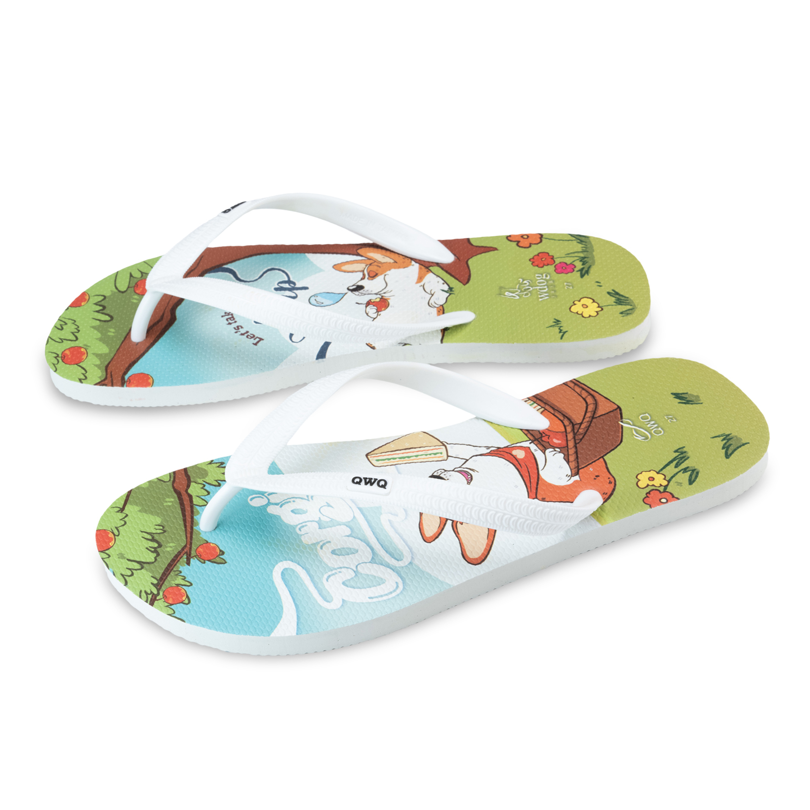 汪來汪趣 柯基 睡午覺 男款粗帶人字夾腳拖鞋 牛奶白