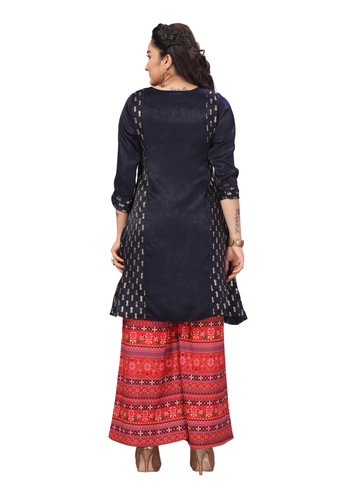 Women Navy Blue Embroidered Gold Foil Magic Silk A Line Kurti Palazzo Pant Set Q1426