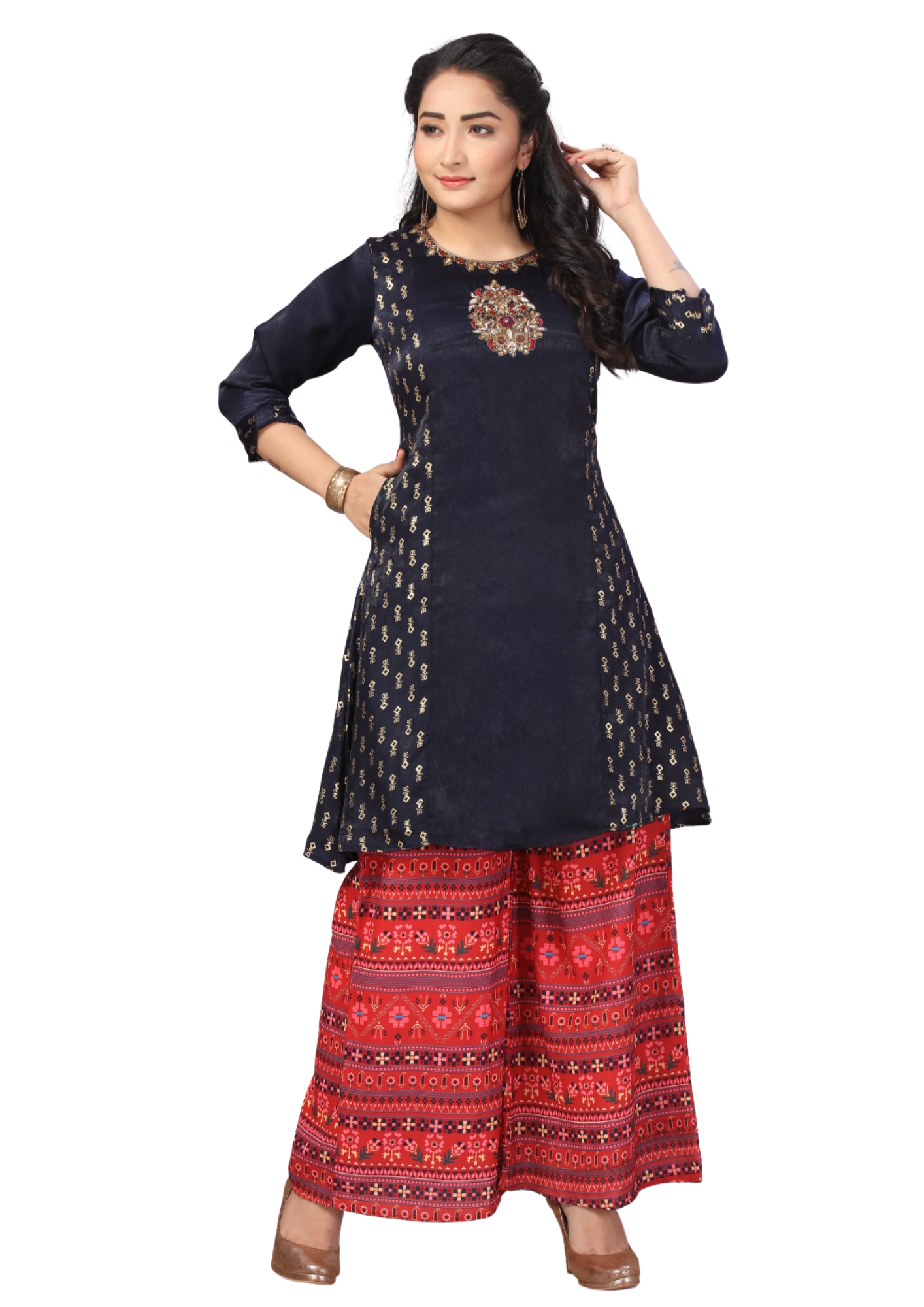 Women Navy Blue Embroidered Gold Foil Magic Silk A Line Kurti Palazzo Pant Set Q1426