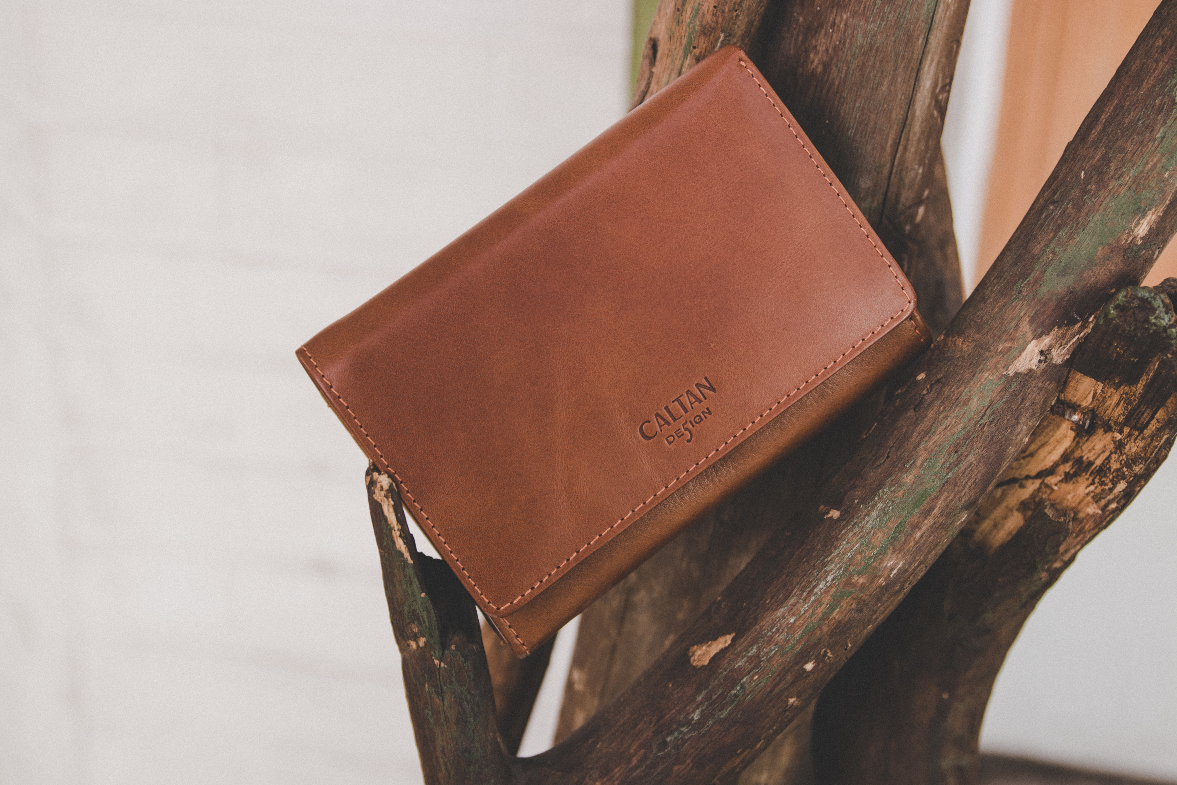 真皮咖啡色中夾在樹枝上