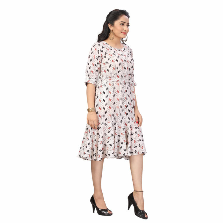 Women White Printed Poly Blackbery Belted Flutter Hem Knee Length Kurti Dress Q1404