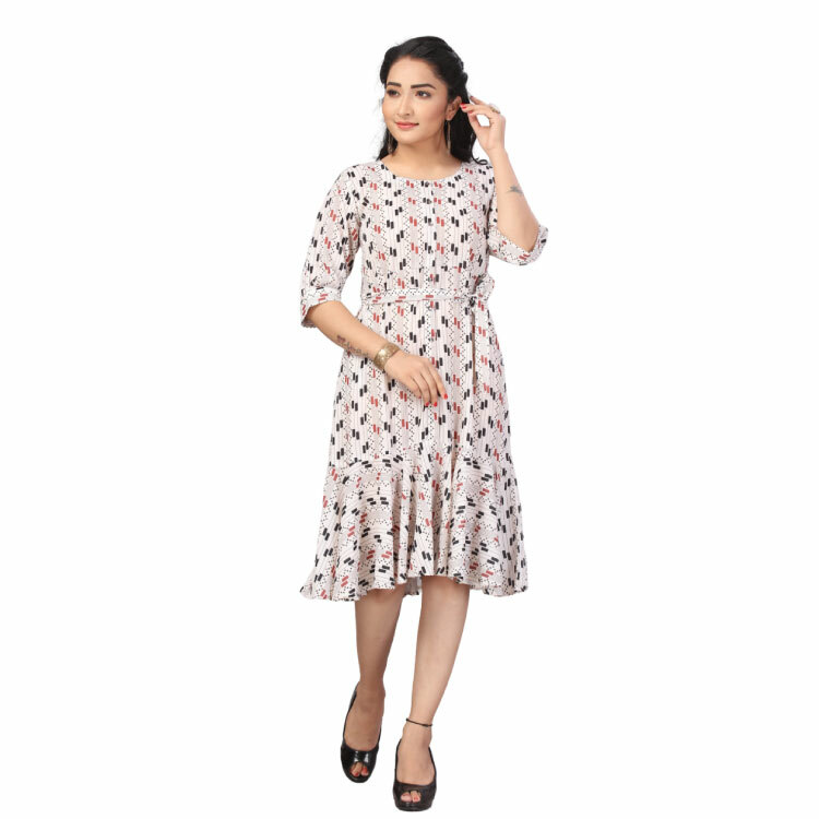 Women White Printed Poly Blackbery Belted Flutter Hem Knee Length Kurti Dress Q1404