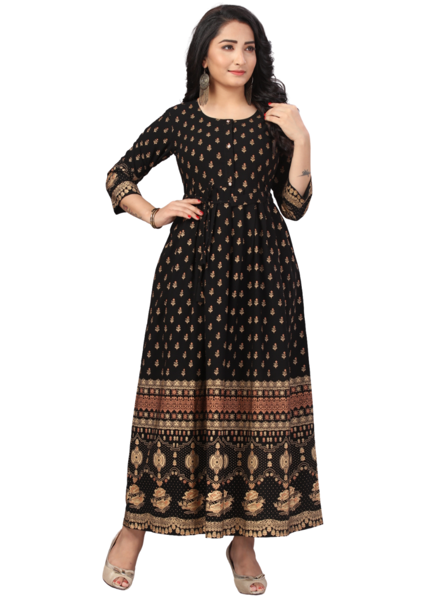 Women Black Gold Print Melbourn Poly Flair Kurti Maxi Dress Q1381